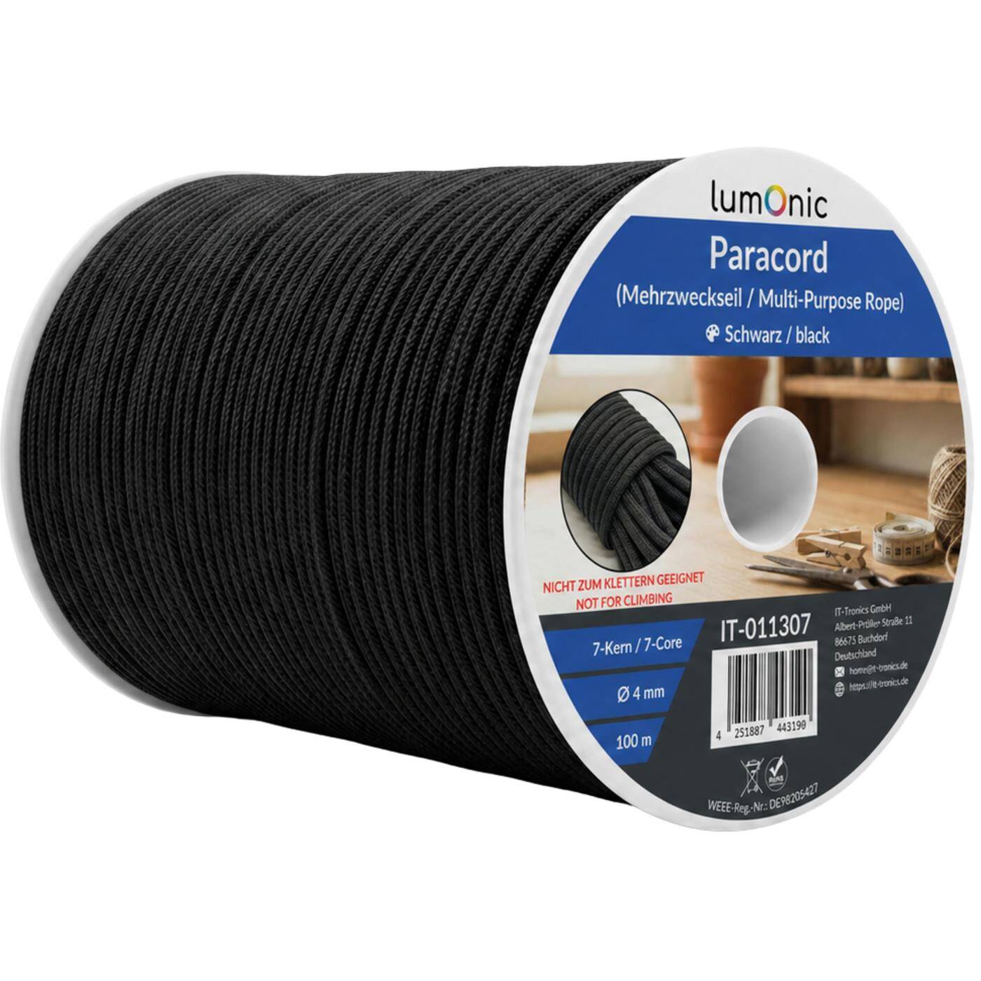 Lumonic 100m Paracord 4mm black | 100% nylon | 7 cores, 32 strand sheath | Max. 125 kg load capacity | dog leash, bracelet, outdoor, bushcraft, tent cord