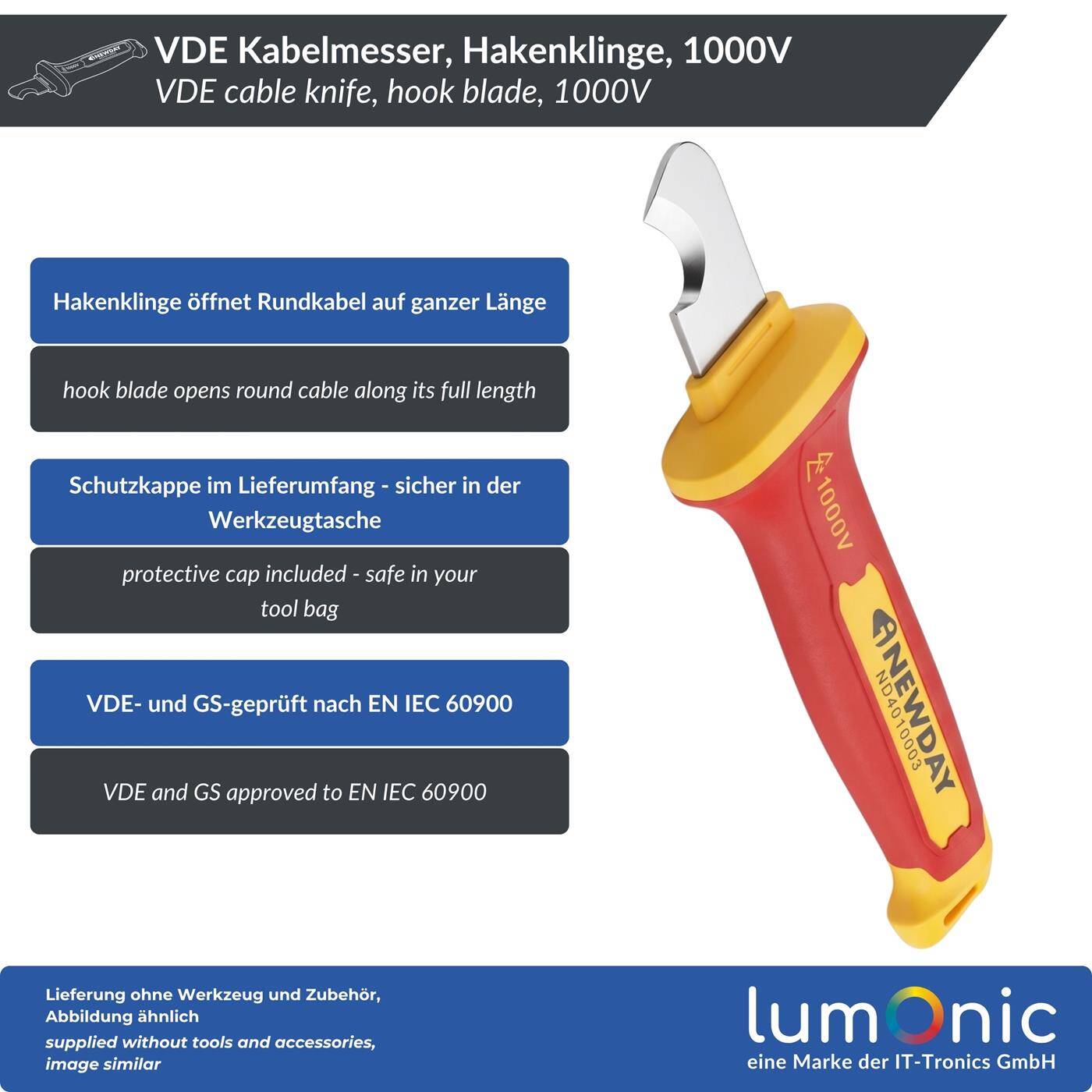 Lumonic VDE Cable Cutter 1000V, Hook Blade - 5Cr13 blade steel, for round cables, protective cap included, non-slip two-component handle