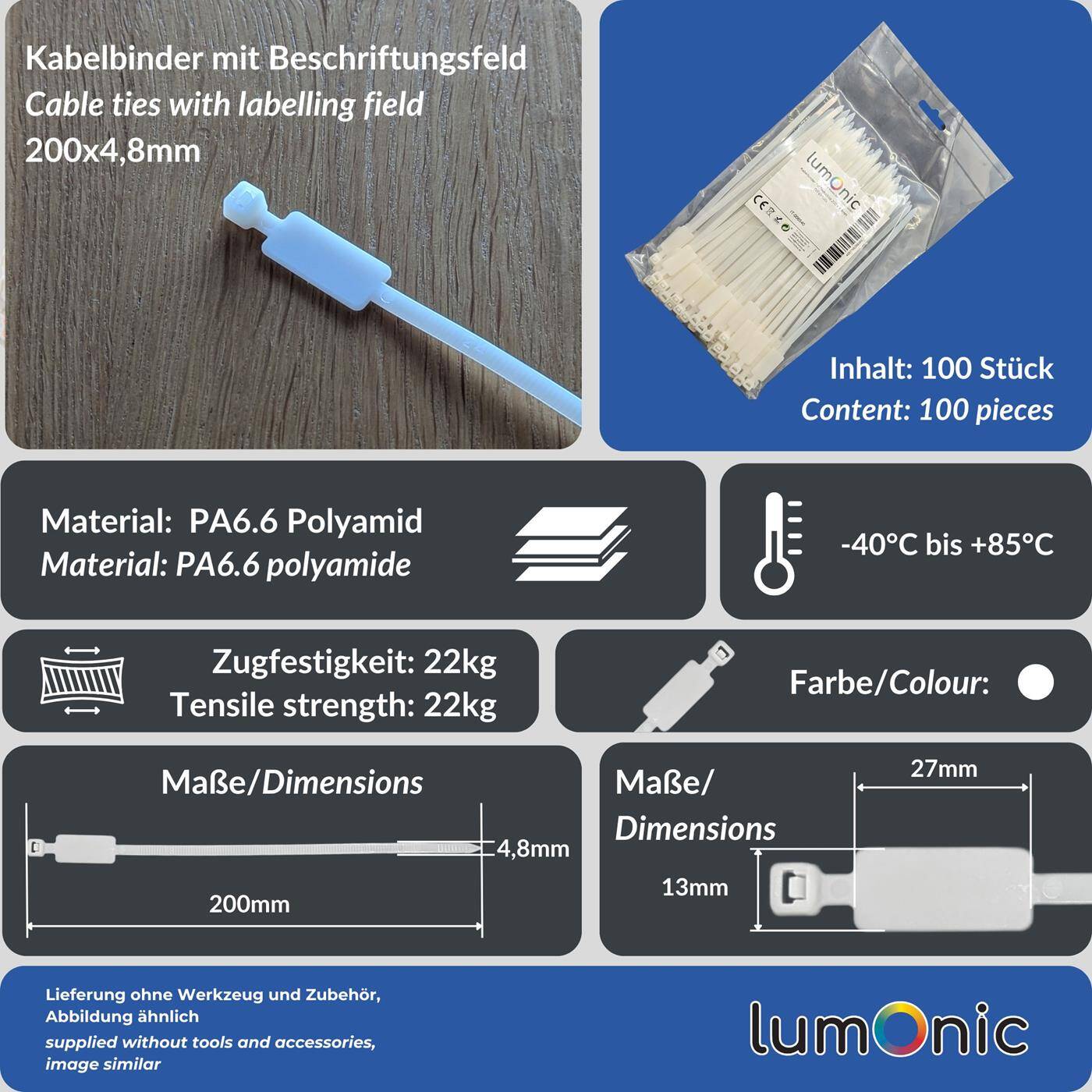 100x Kabelbinder mit Textschild 27x12mm 200 x 4,8mm Weiß Natur 22kg PA6.6 Polyamid Industriequalität