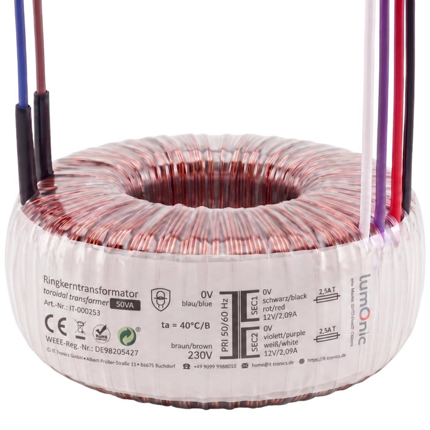 Lumonic Ringkerntrafo Transformator 50VA | Primär 230V AC | Sekundär 2x 12V AC oder 1x 24V AC | Brummarm | Transformator für HiFi Audio Verstärker