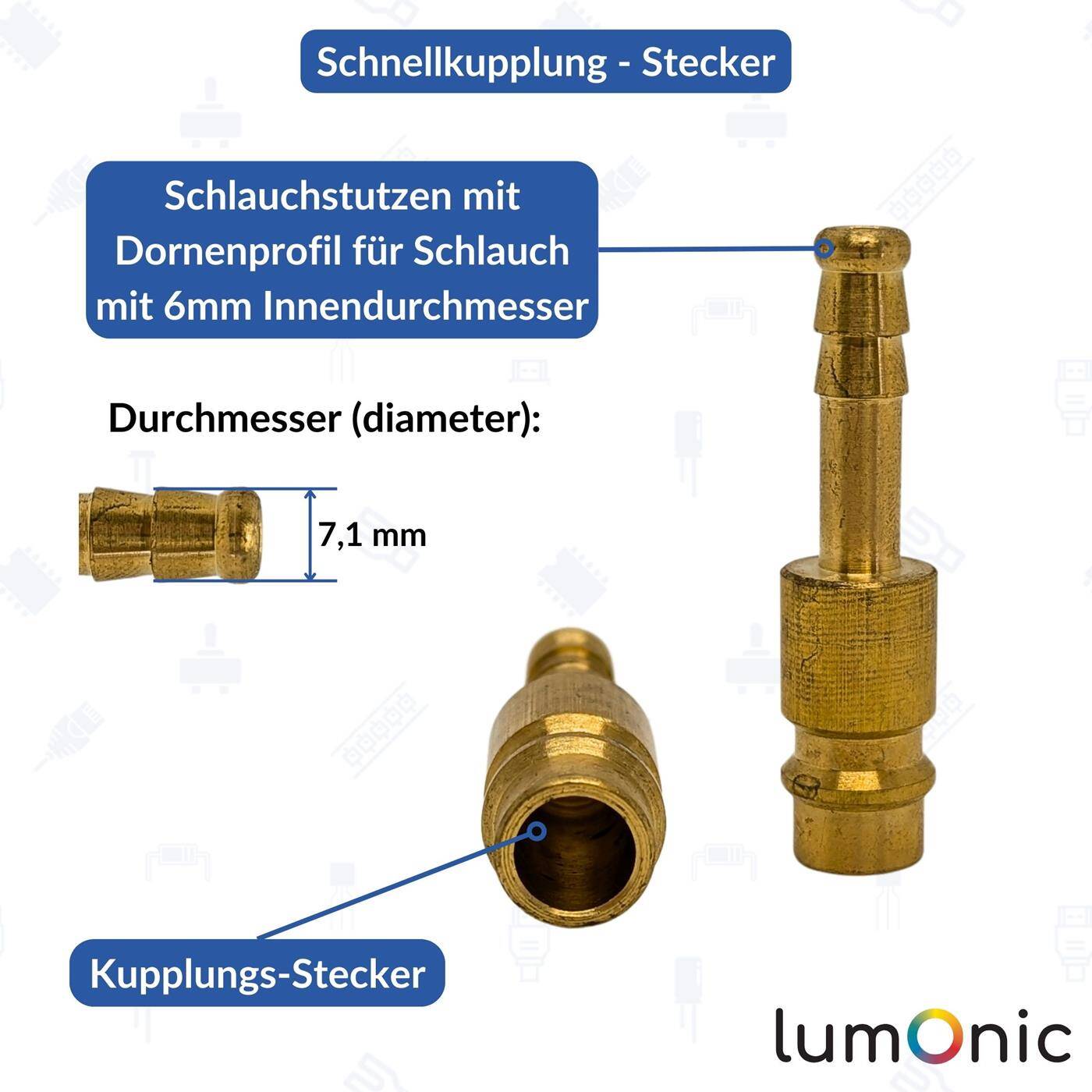Kupplungsstecker mit Schlauchstutzen für 6mm Schlauch aus Messing Druckluftkupplung-Stecker Schnellkupplung für Werkstätten, Betriebe und Heimwerker