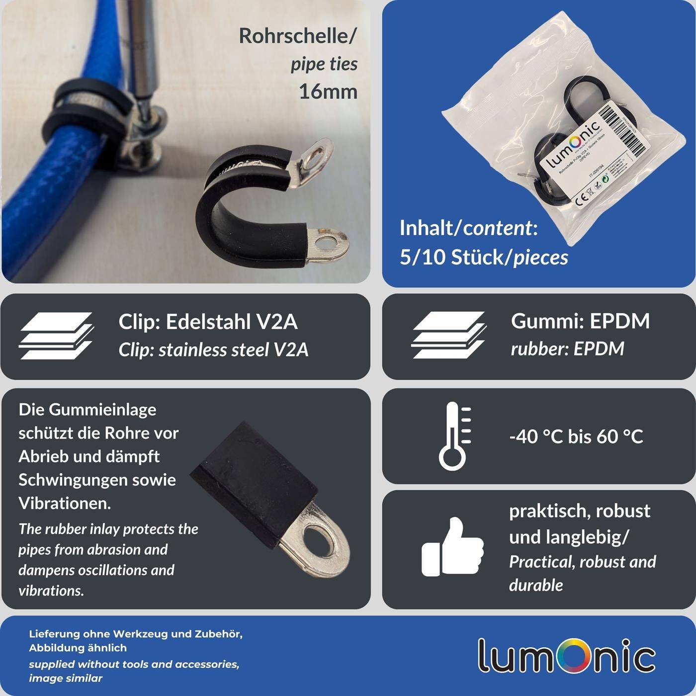 Lumonic 10x 16mm Rohrschellen mit Gummieinlage Edelstahl V2A I Kabelschellen zum Schrauben I Schlauchschelle 16mm, Rohrschellen, Befestigungsschelle 16mm, Rohrhalterung
