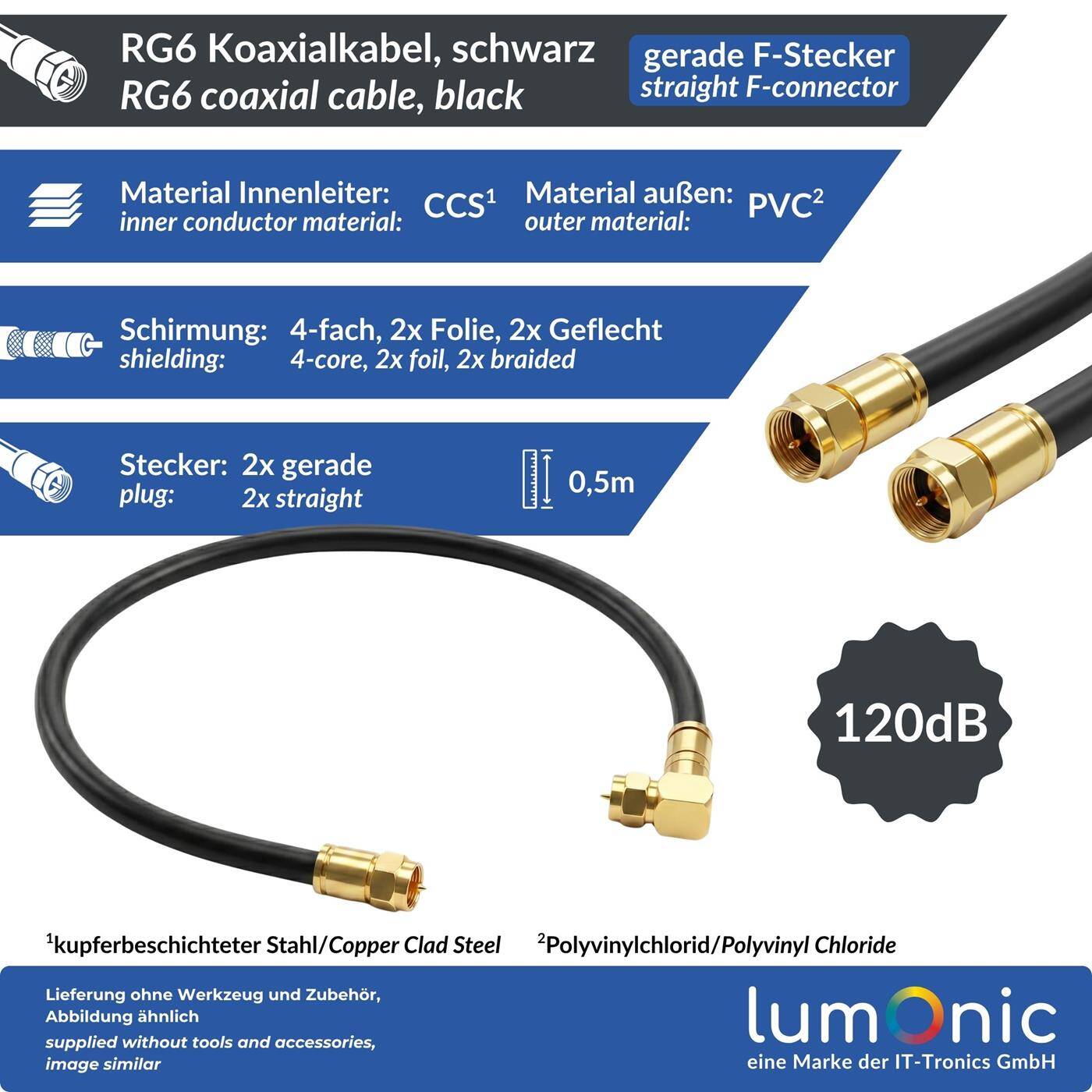 Lumonic 0,5m Antennenkabel RG6 | vergoldete F-Stecker gerade | schwarz | 4-fach geschirmt 120dB | fertig konfektioniert | Koaxialkabel, Sat Kabel, DVB-T2, Kabelinternet