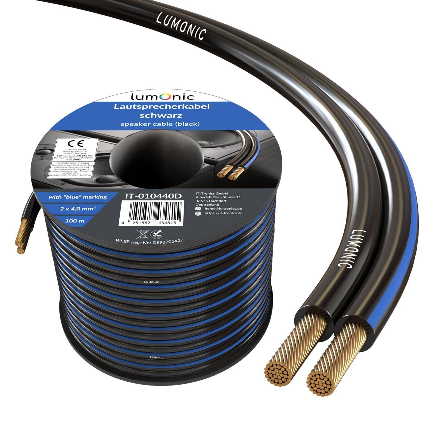 Lumonic Lautsprecherkabel | 100m Schwarz | 2x 4mm² CCA | blaue Markierung HiFi Boxenkabel | Audio Zwillingsleitung