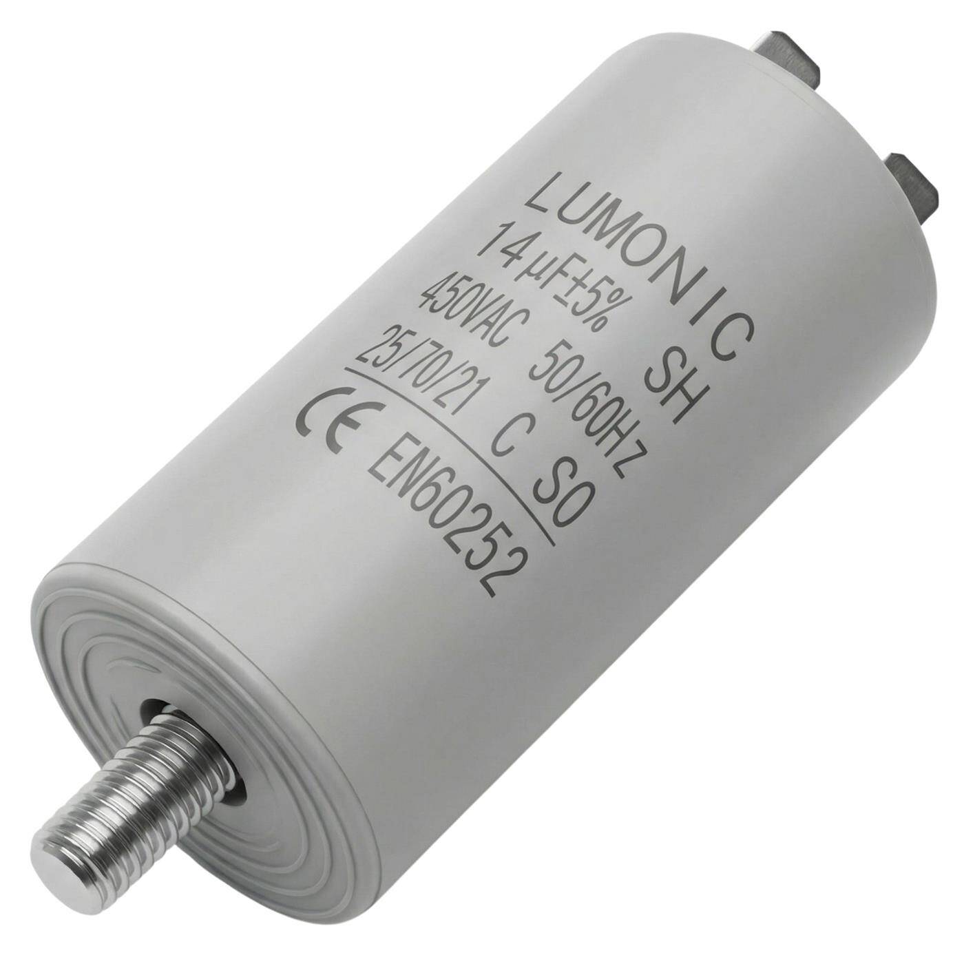 Lumonic Anlaufkondensator 14µF 450V | mit Stecker I 34x70mm I 14uF I Motorkondensator mit Kunststoffgehäuse I Betriebskondensator I für Pumpen, Rasenmäher, Werkzeuge