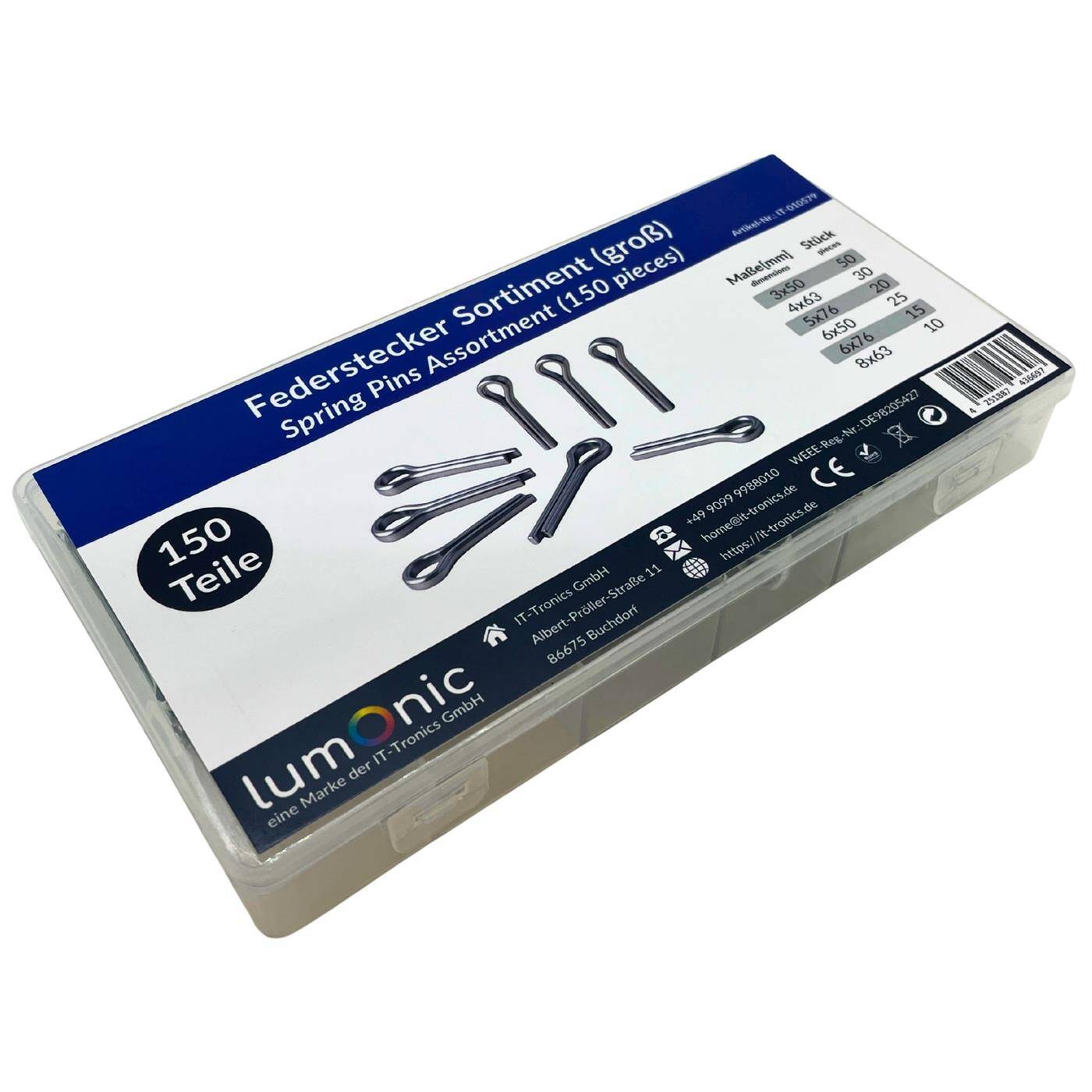 Lumonic Federstecker Sortiment | 1000 Teile, 6 Größen (1,6-6mm) | Splinte Federstahl verzinkt | für Gartengeräte Fahrrad Modellbau | in praktischer Sortimentsbox