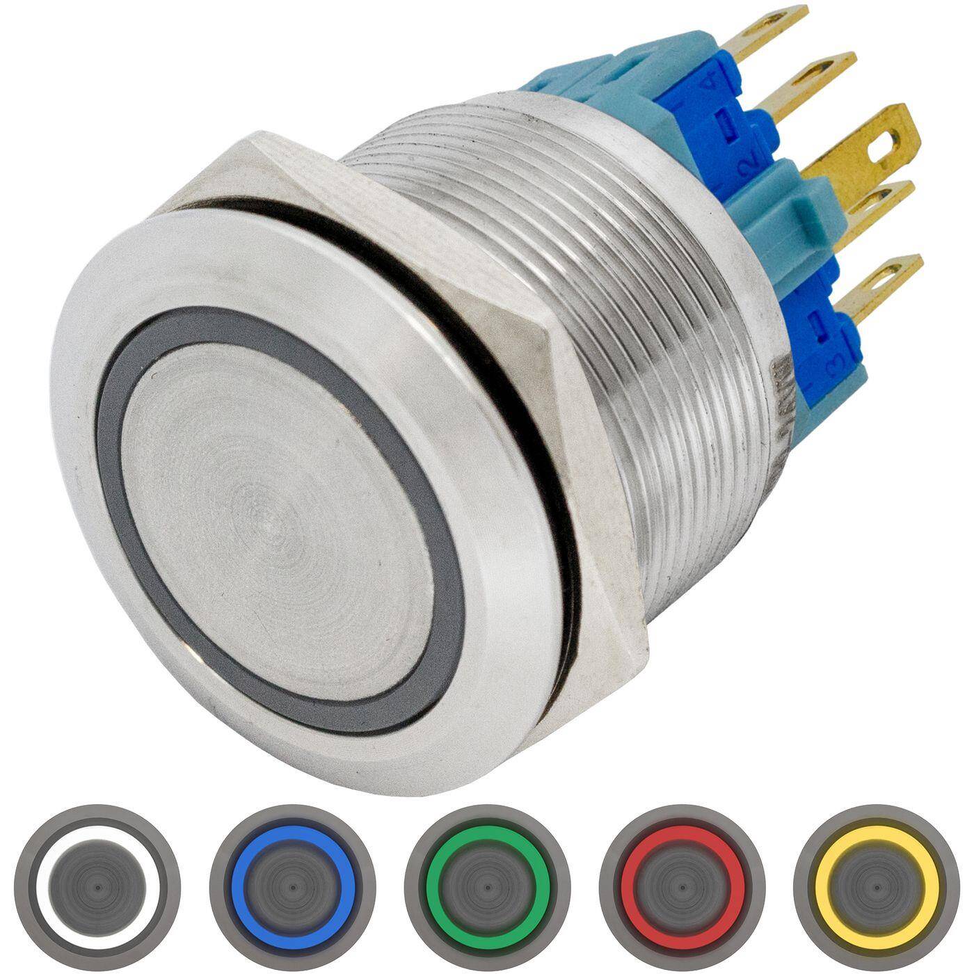 Stainless steel Pressure switch Flat Ø22mm Ring LED Cold White IP65 2,8x0,5mm Pins 250V 3A Vandal-proof