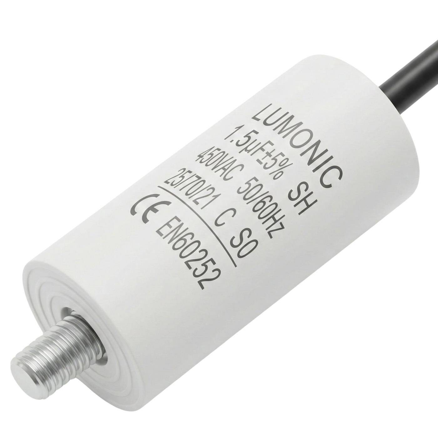 Lumonic Anlaufkondensator 1,5µF 450V | mit Kabel I 26x55mm I 1,5uF I Motorkondensator mit Kunststoffgehäuse I Betriebskondensator I für Pumpen, Rasenmäher, Werkzeuge