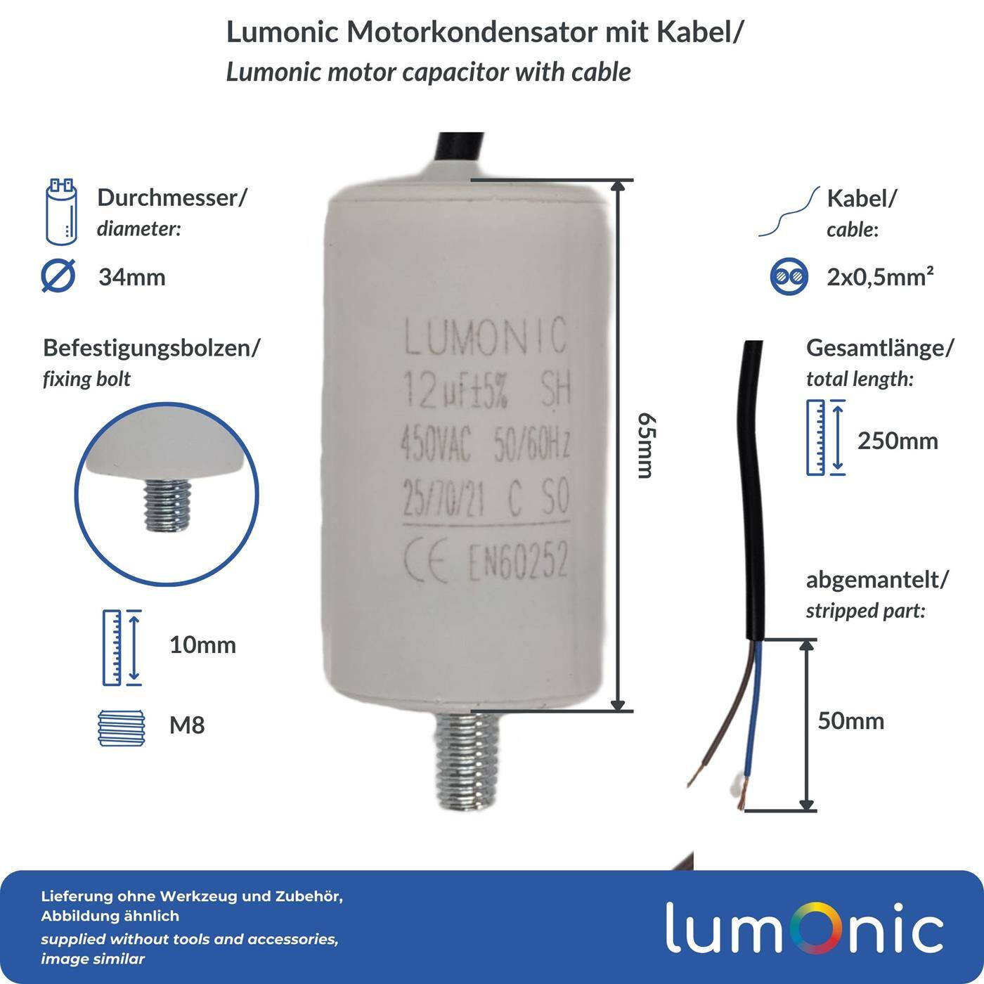 Lumonic Anlaufkondensator 12µF 450V | mit Kabel I 34x65mm I 12uF I Motorkondensator mit Kunststoffgehäuse I Betriebskondensator I für Pumpen, Rasenmäher, Werkzeuge