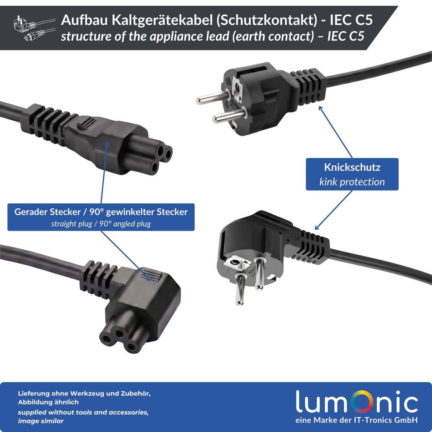 Lumonic Netzkabel Schuko auf C5 Kleeblatt, Schwarz 1 m, 230 V - Dreipolige Kleeblattkupplung, für Notebook-Netzteile und Beamer, hält täglichem Transport stand, Knickschutz gegen Kabelbruch