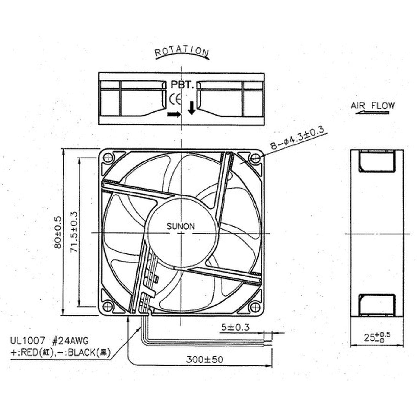 Lüfter 12V DC 1,8W 80x80x25mm 76,4m³/h 3600U/Min 76,4m³/h Sunon EE80251BX-A99