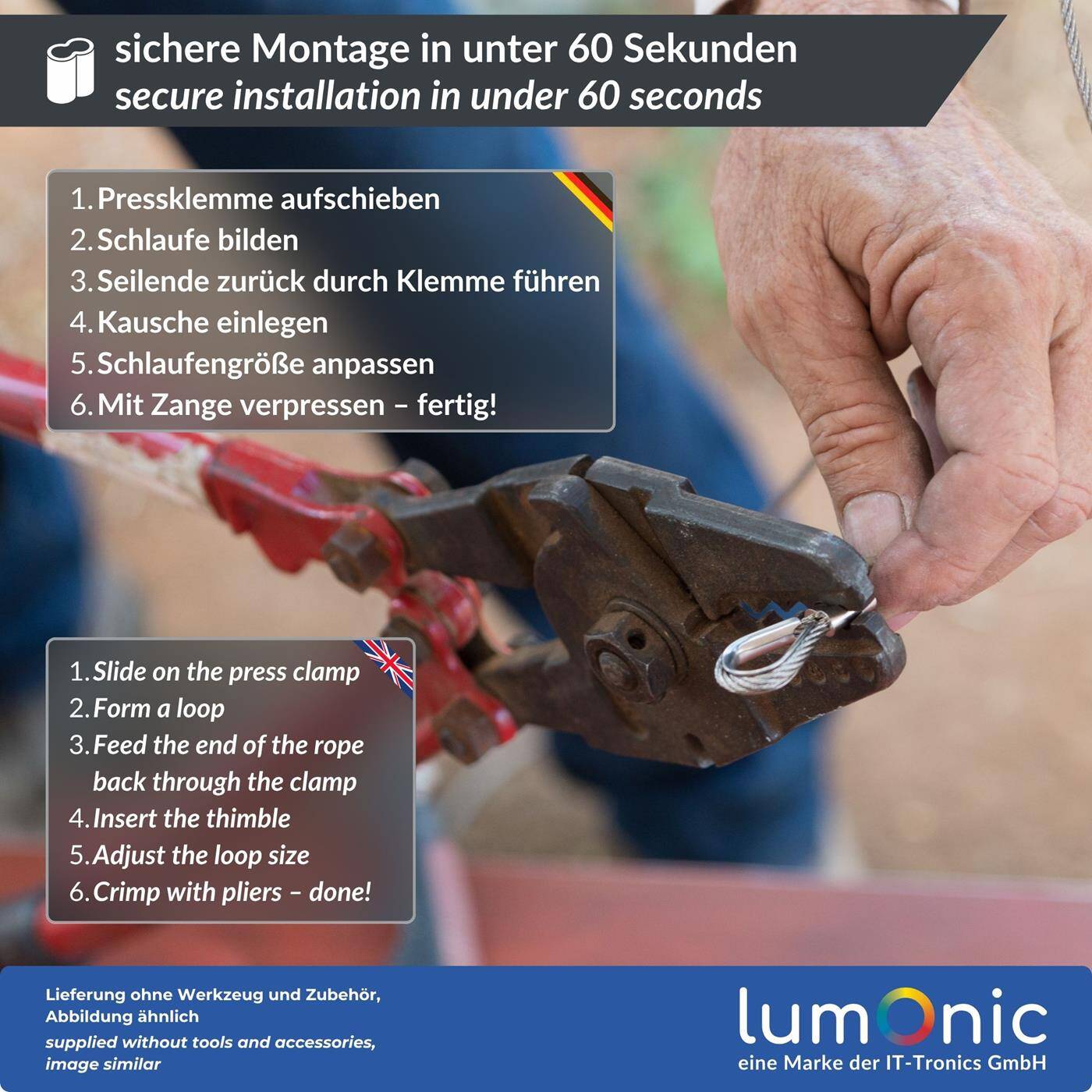 Lumonic Pressklemme für Ø12mm Drahtseil | Aluminium | Doppelhülse | Seilklemme, Würgeklemme für Drahtseil, Seil | Drahtseilklemme für Rankhilfe, Wäscheleine, Lampen, Sichtschutz, Sonnensegel, Zaun, Pflanzenhalterung