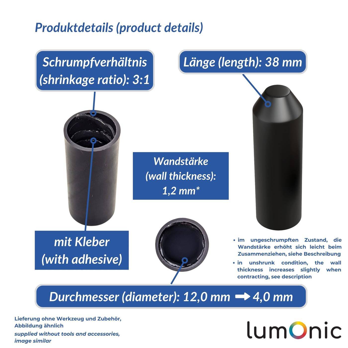 Warmschrumpf Endkappe mit Kleber 12 -> 4mm schwarz Verhältnis 3:1 vernetztes Polyolefin Schrumpfkappe für Kabel, Rohre und Seile