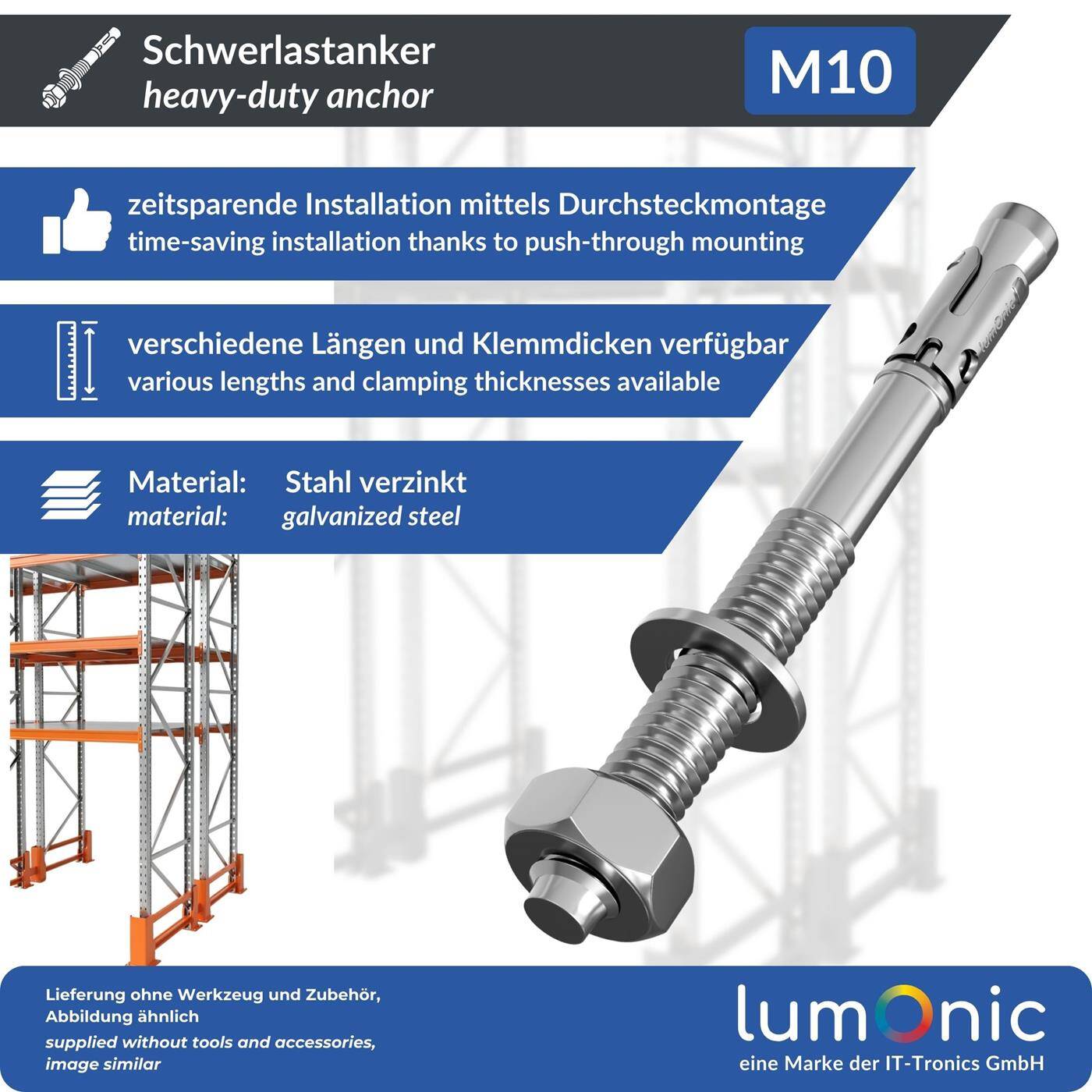 Lumonic Schwerlastdübel M10 x 100mm | hochwertige Keilanker verzinkt | Durchsteckmontage, SOFORT BELASTBAR | Betonanker, Schwerlastanker | für Überdachungen, Geländer, Regale, Trennwände