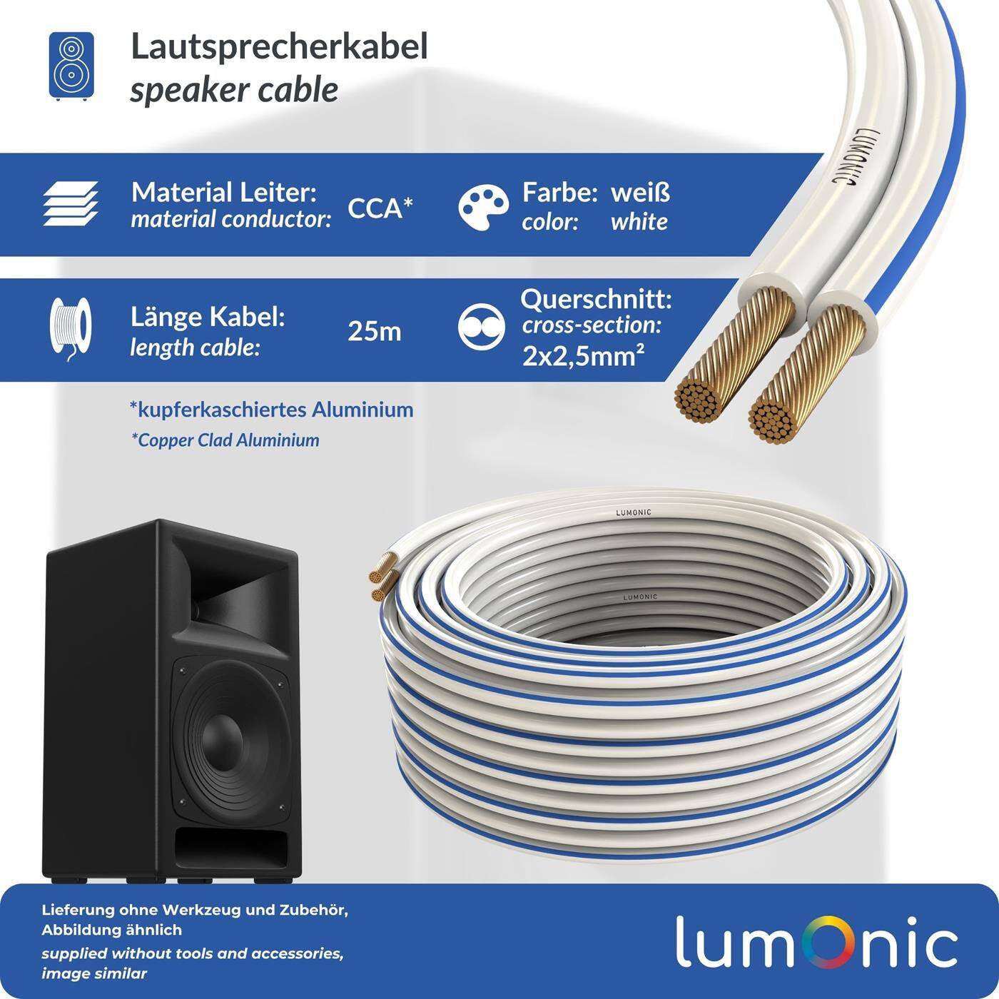 Lumonic Speaker cables | 25m White | 2x 2,5mm² CCA | Blue marking HiFi speaker cable | Audio twin line