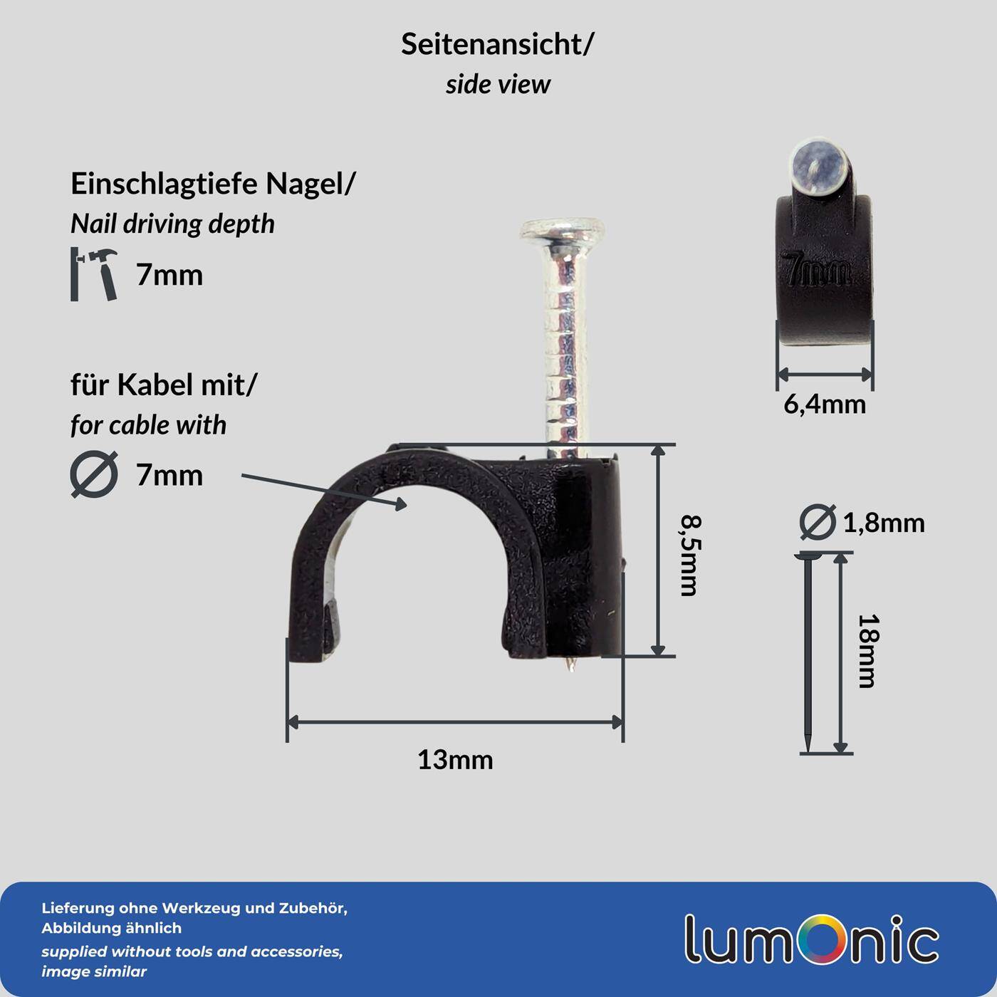 100x Nagelschelle 7mm für Kabel schwarz Kabelschelle mit Nagel Kabelklemme