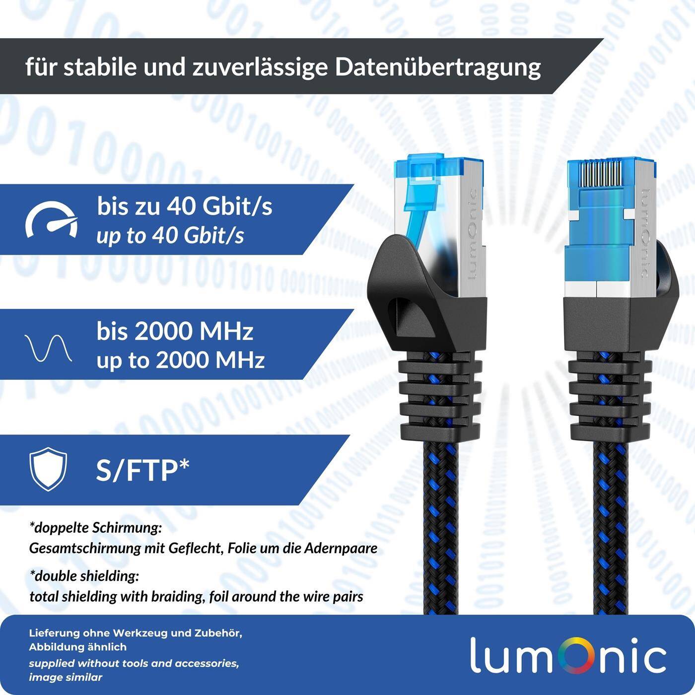 15m CAT8.1 Patchkabel S/FTP RJ45 Schwarz Blau Premium Nylon Optik Ethernet LAN Netzwerkkabel