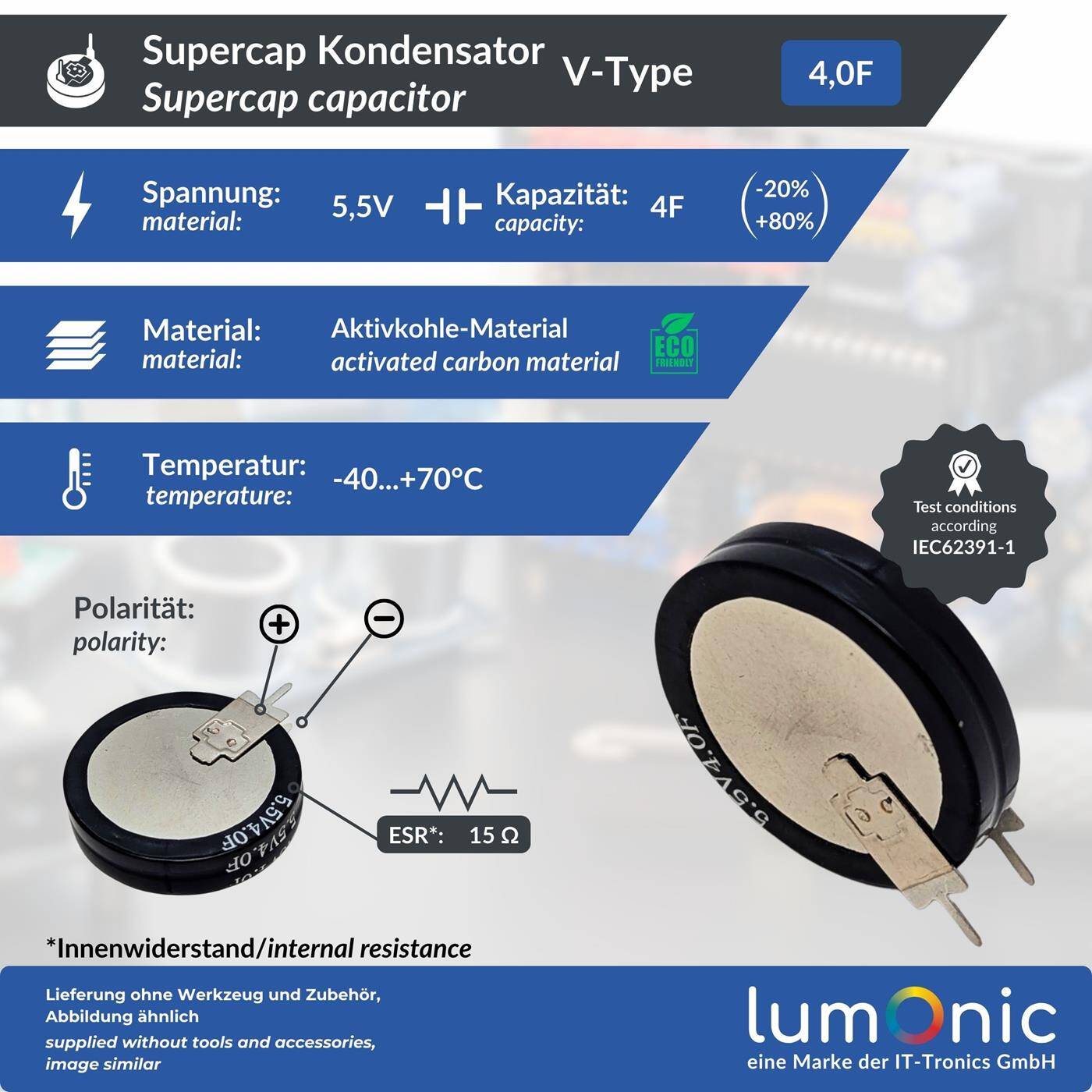Lumonic 5x Supercap 4,0F 5,5V V-Type | EDLC for direct use, high capacity | 5.5V monoblock - no balancing necessary | Flicker protection, backup, PLC, heating