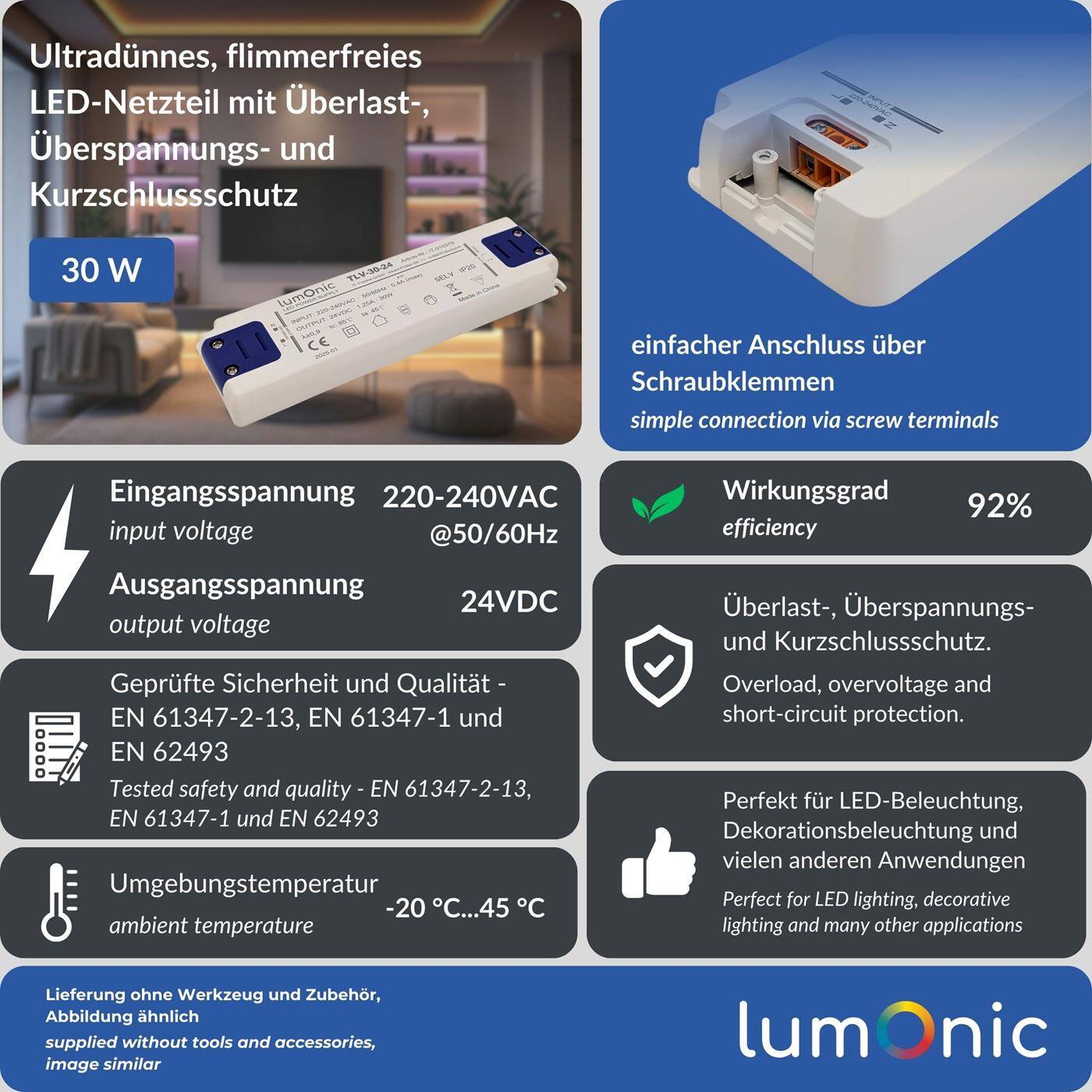 Lumonic I LED transformer TLV-30-24 I 24V 30W I Input 220-240VAC I flicker-free I Overload protection I LED power supply unit I for LED lighting