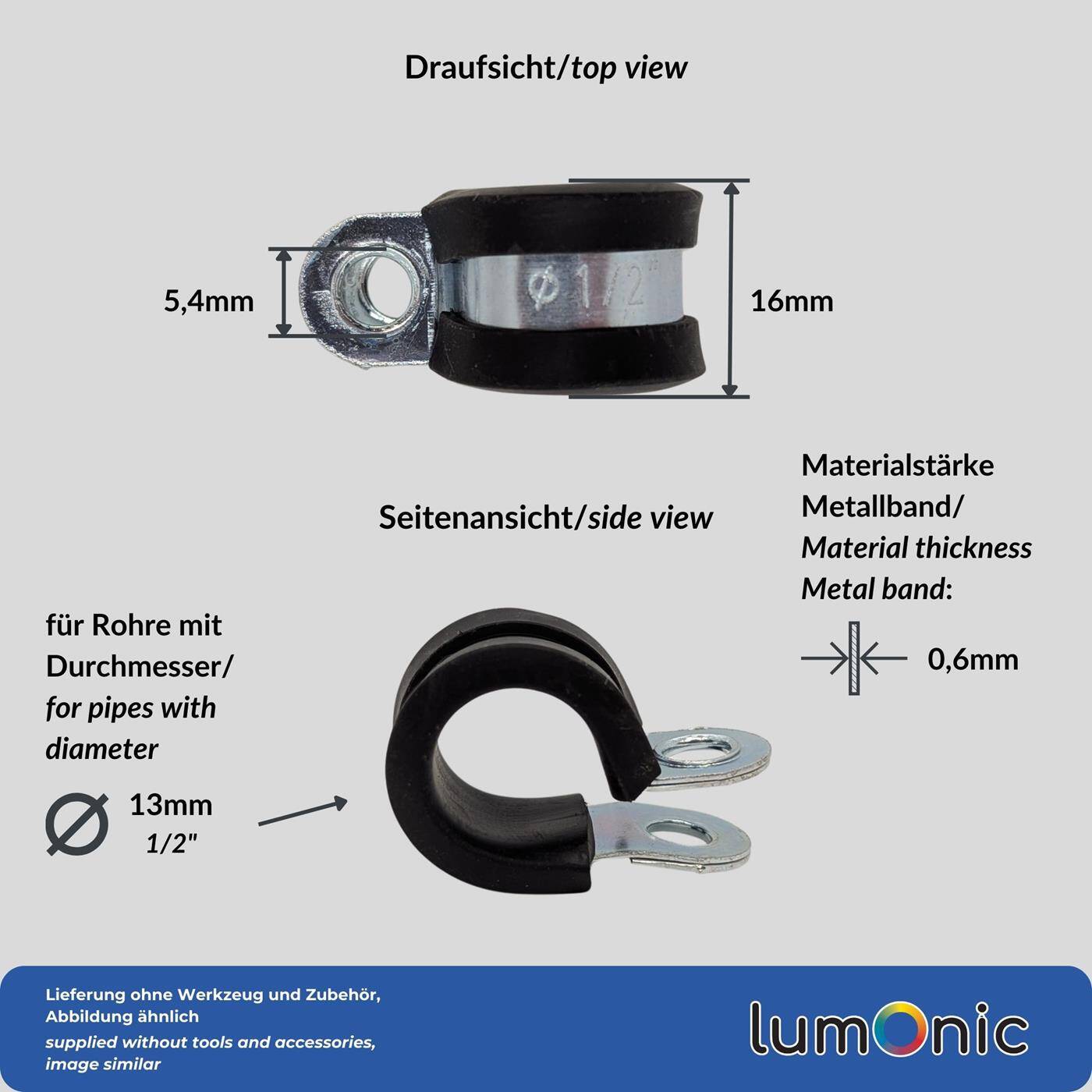 5x P-Clip Leitungsschelle mit Gummi 13mm Rohrschelle Befestigungsschelle