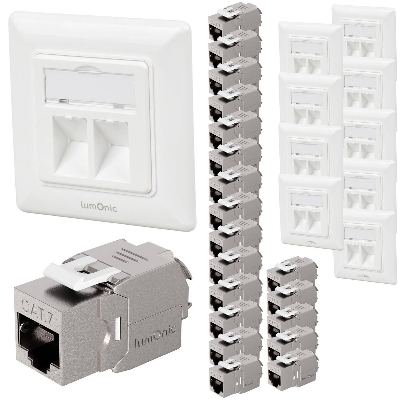 10er Set Keystone-Rahmen Unterputz inklusive 2x CAT7 Modul, 2-Port Snap-In I werkzeuglose Montage, Standard 55 System, Ethernet-Buchse bis zu 10 Gbit für AWG22-24, RJ45 vollgeschirmt,