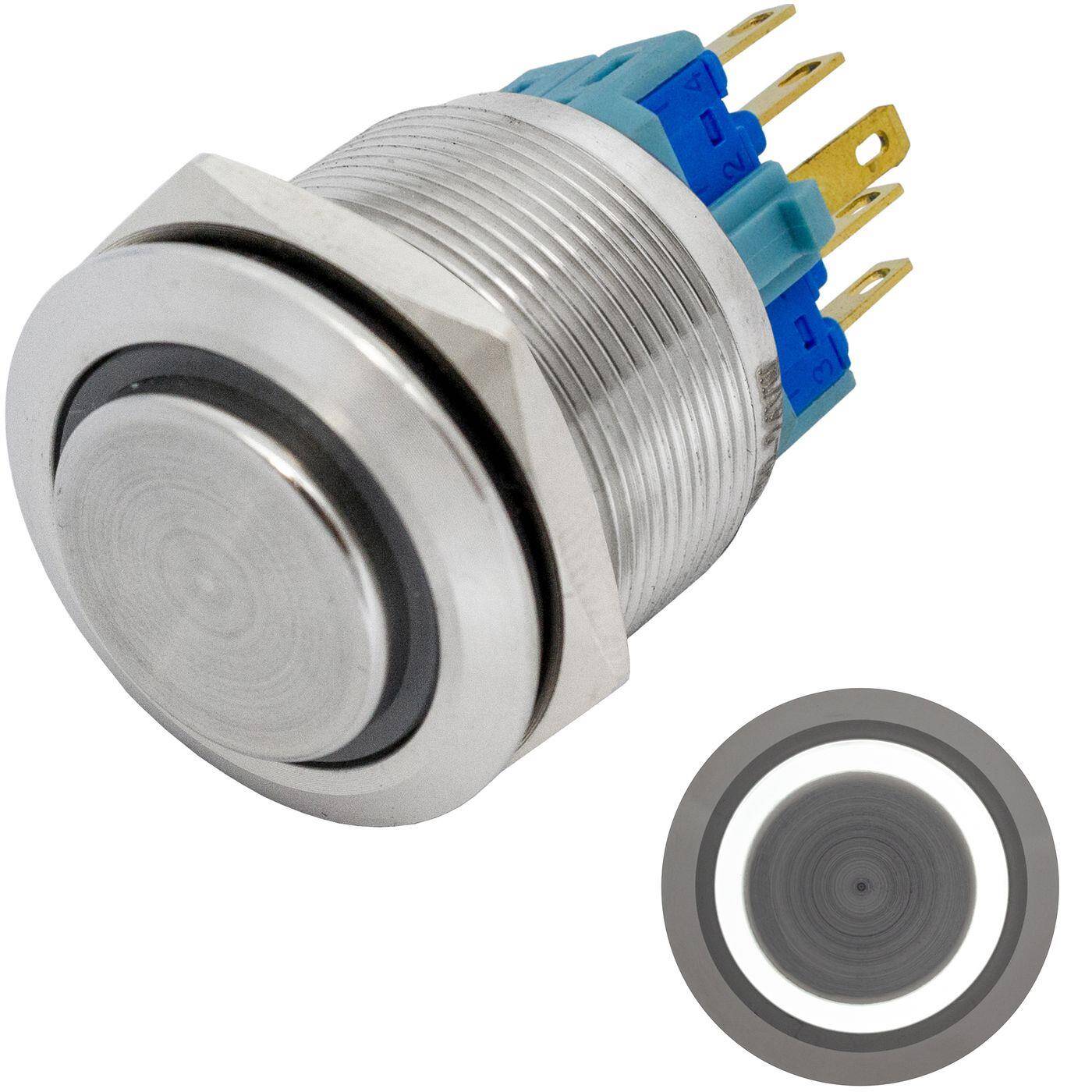 Lumonic Edelstahl Drucktaster erhaben 22mm Durchmesser I Mit einer Ring LED in Kalt-Weiß Maße: 2,8x0,5mm Pin s 250V 3A I Vandalismussicher nach dem IP65 Standard