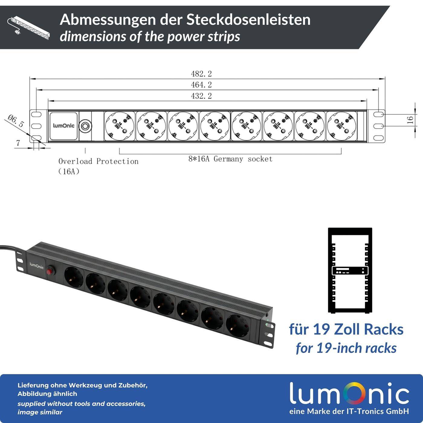 Lumonic 19" Steckdosenleiste | PDU 8-fach | Überlastschutz mit Reset-Knopf | 1HE, Aluminiumlegierung, schwarz | 2m Anschlusskabel 3G1,5 | 45° Schuko-Steckdosen | kurzzeitig max. 3680W | Rack, Serverschrank