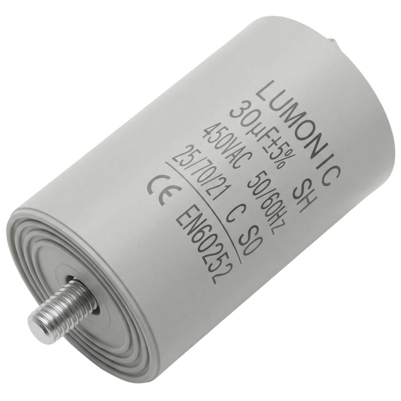 Lumonic Anlaufkondensator 30µF 450V | mit Stecker I 45x75mm I 30uF I Motorkondensator mit Kunststoffgehäuse I Betriebskondensator I für Pumpen, Rasenmäher, Werkzeuge
