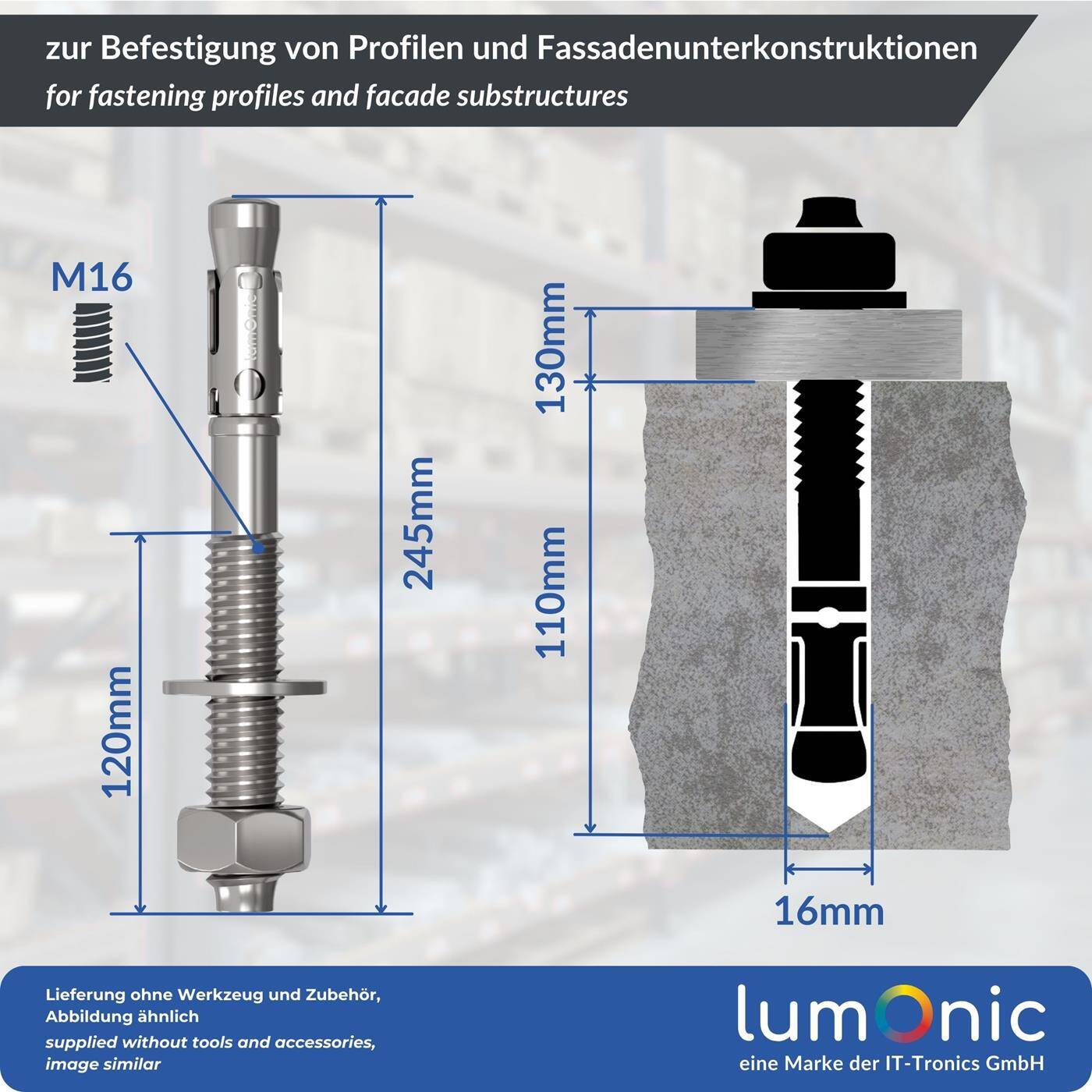 Lumonic Schwerlastdübel M16 x 245mm | hochwertige Edelstahl V2A Keilanker | Durchsteckmontage,  | Betonanker, Schwerlastanker | für Überdachungen, Geländer, Regale, Trennwände