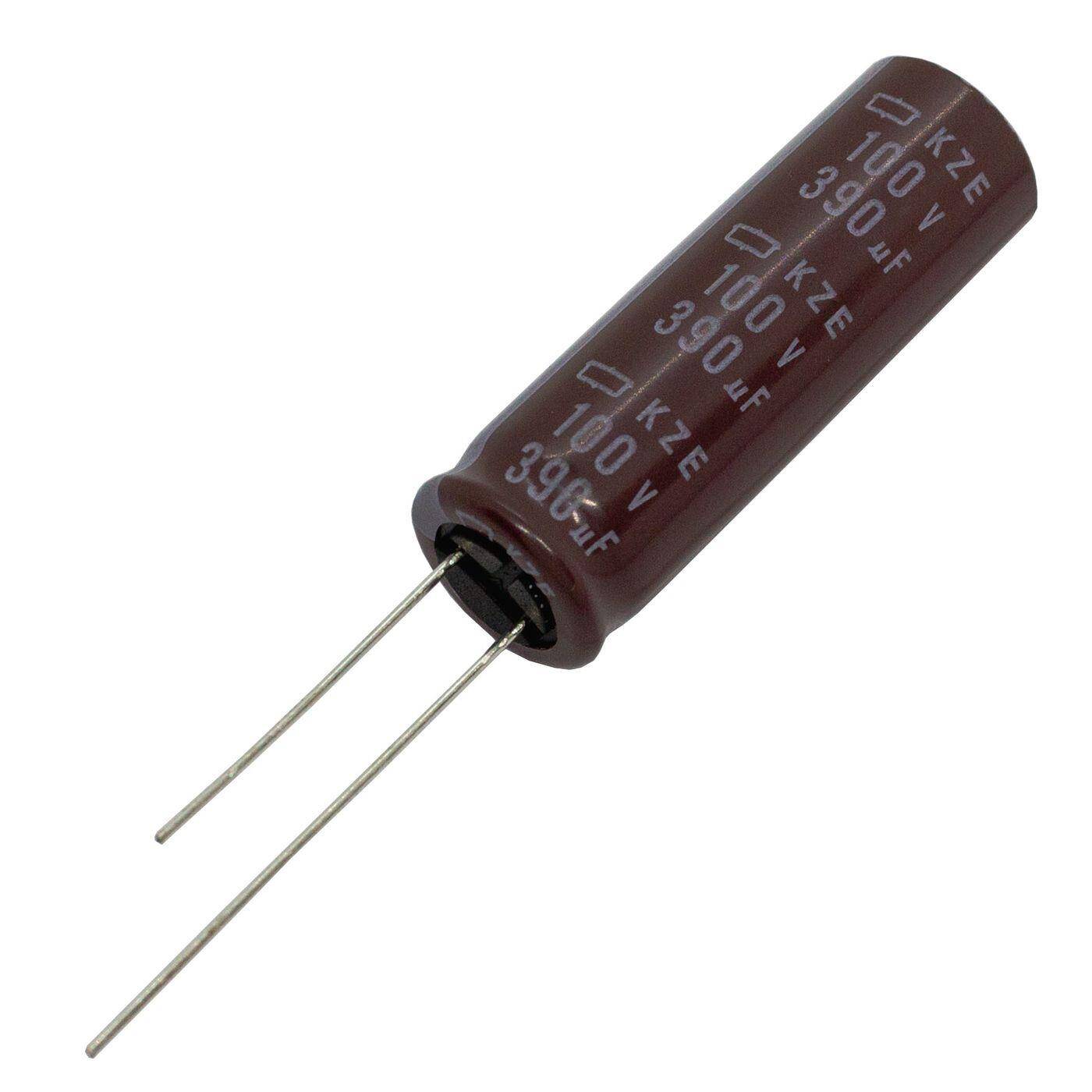 Elko Capacitor Radial 390µF 100V | Electrolytic capacitor up to a temperature of 105°C | 12,5x40mm | 390uF EKZE101ELL391MK40S UCC