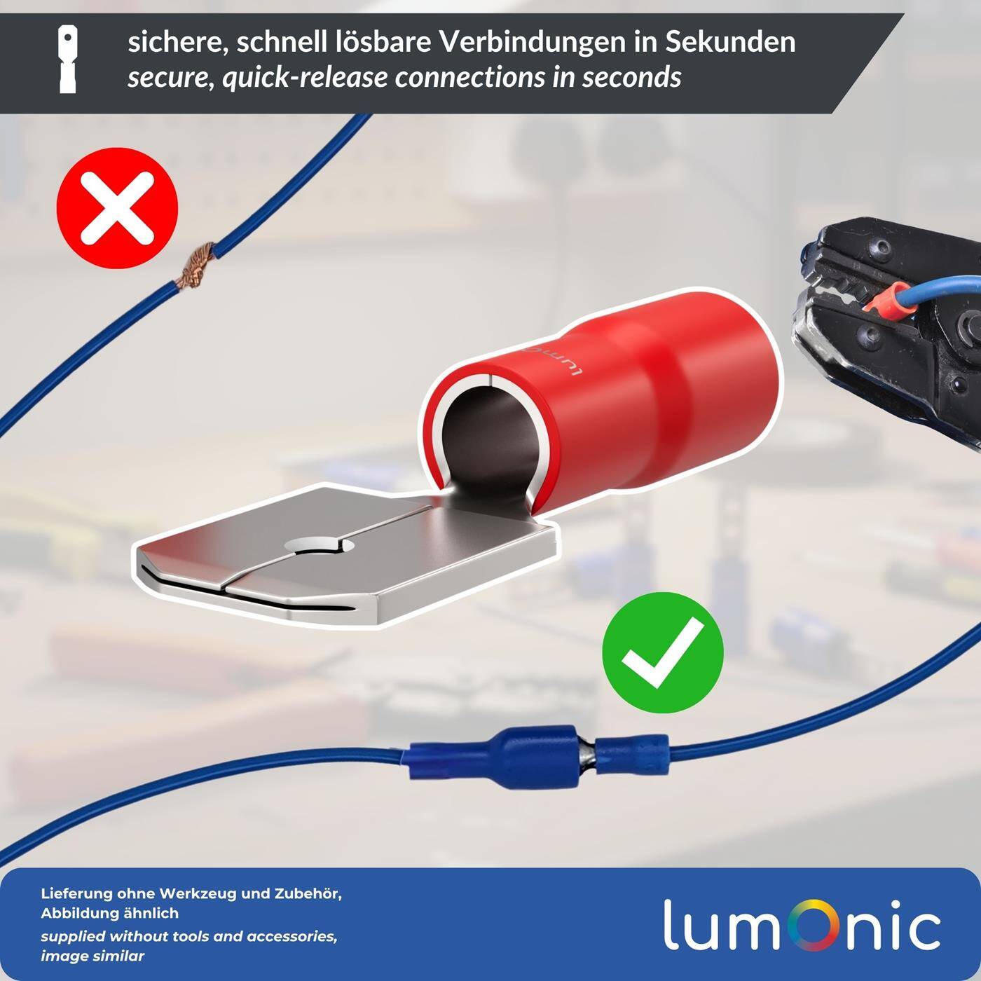Lumonic 25x Flachstecker 0,5-1,5mm²  | für Flachsteckhülse 0,8 x 6,4mm | teilisoliert | Kabelverbinder ohne Löten | Messing verzinnt | KFZ, Maschinenbau