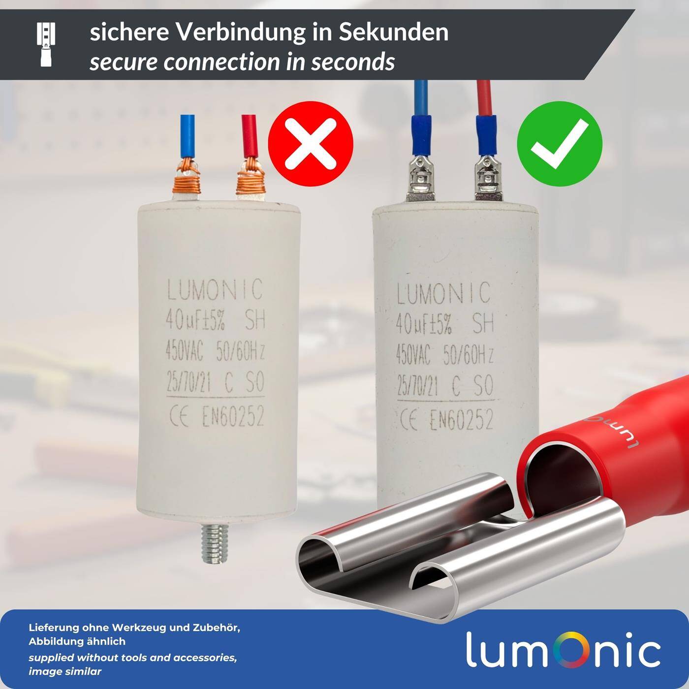 Lumonic 25x Flachsteckhülse 0,5-1,5mm²  | für Flachstecker 0,8 x 6,4mm | teilisoliert | Kabelverbinder ohne Löten | Messing verzinnt | KFZ, Maschinenbau