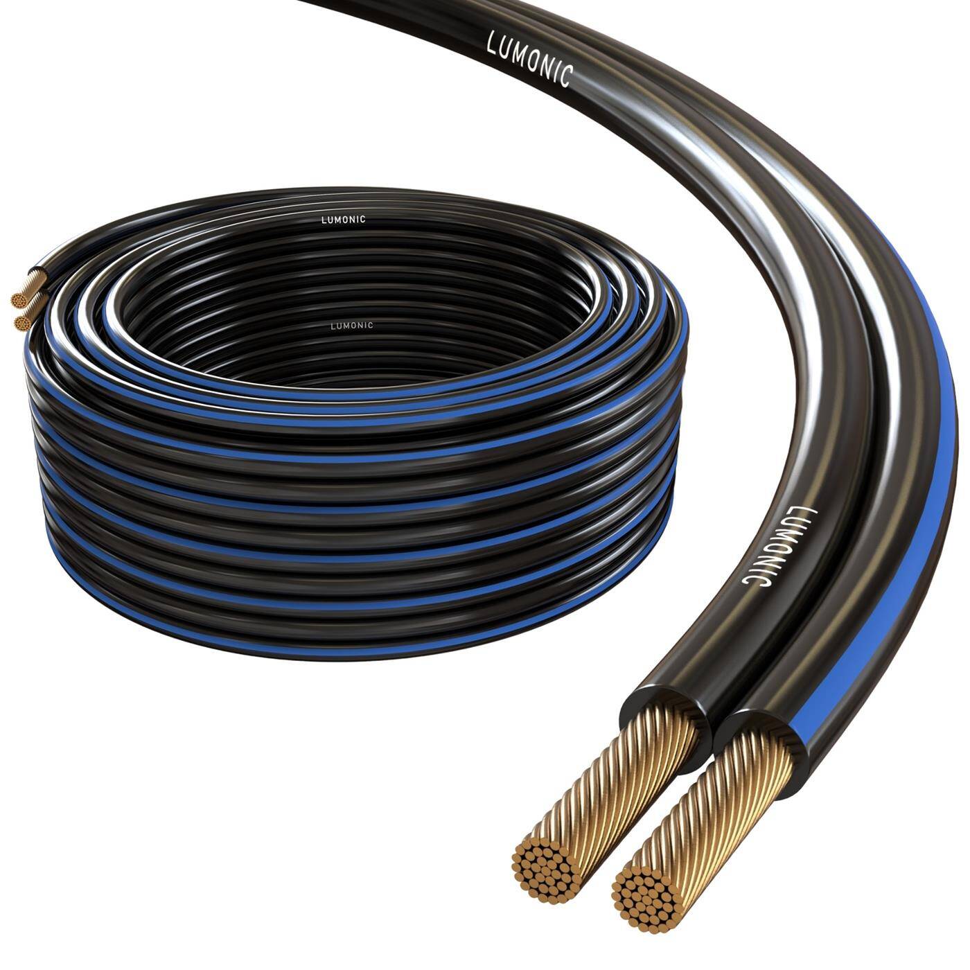 Lumonic Speaker cables | 10m Black | 2x 2,5mm² CCA | Blue marking HiFi speaker cable | Audio twin line