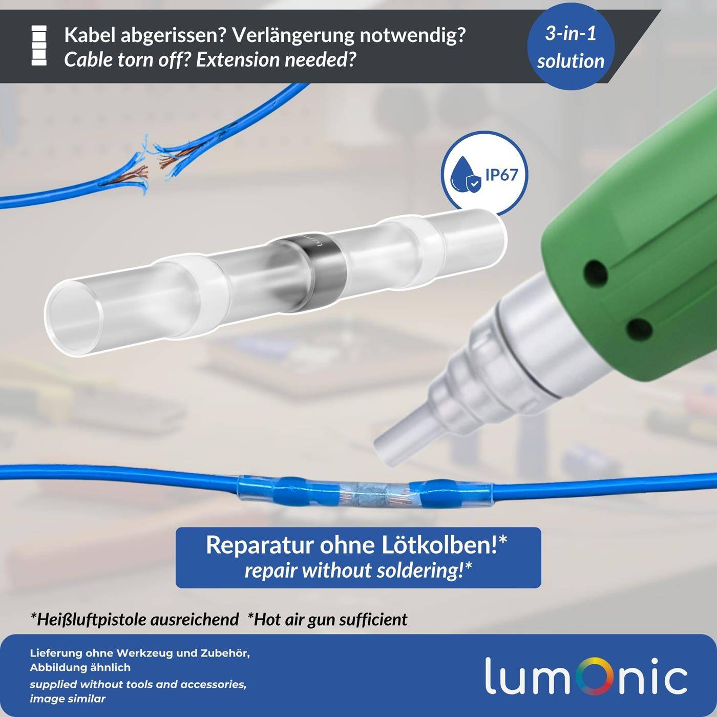 Lumonic 10x Schrumpf Lötverbinder  mit Schrumpfschlauch | 0,25-0,35mm² | Weiß | WarmSchrumpf Kabelverbinder | Wasserdicht IP67 | Kabel Reparatur