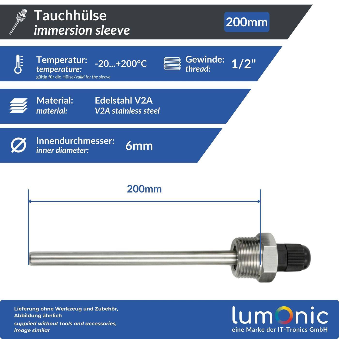 2x immersion sleeve V2A stainless steel 1/2 inch 200mm for 6mm temperature sensor for solar heating buffer tank + Smart Home