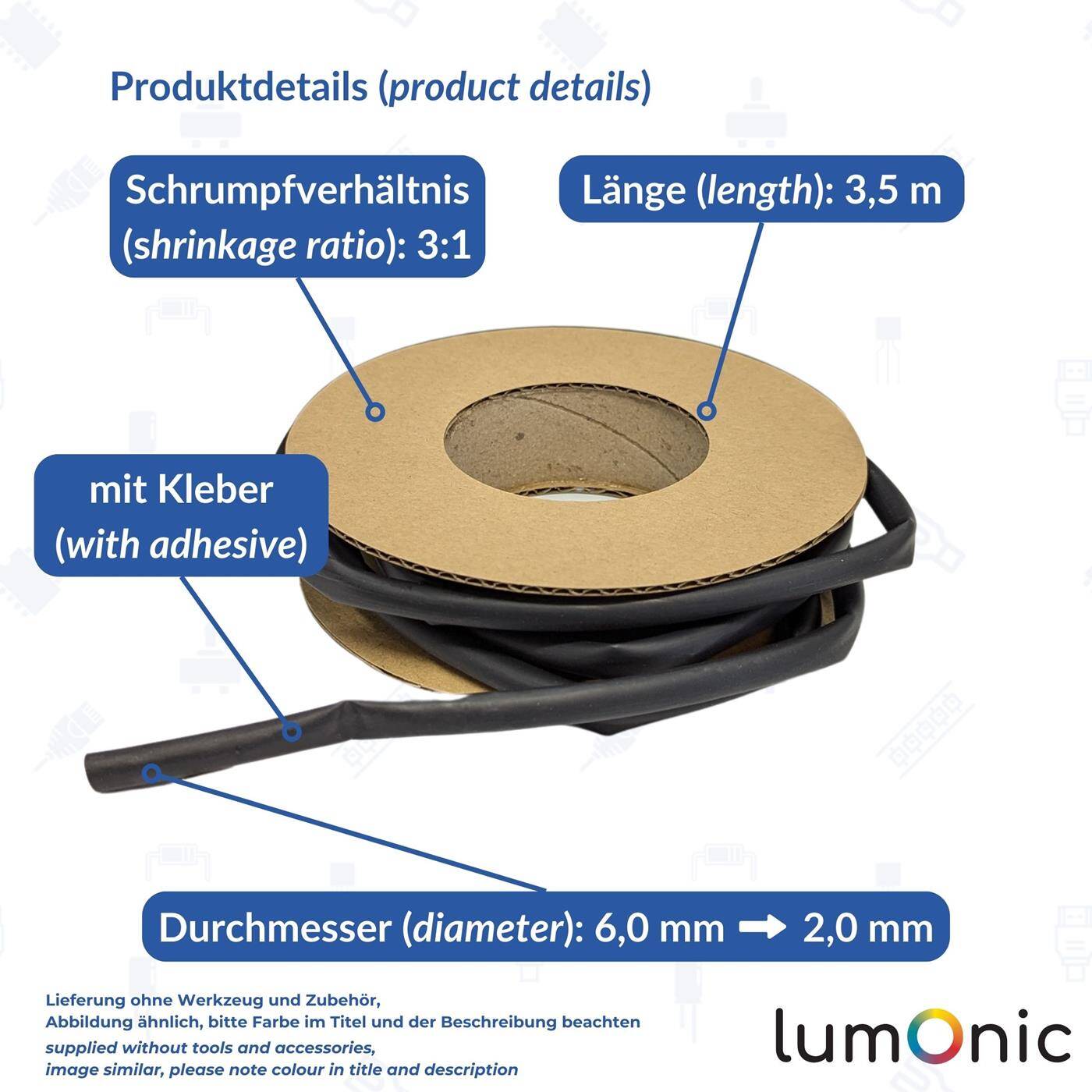 Lumonic 3,5m Schrumpfschlauch Box 3:1 mit Kleber Schwarz - Hier von: 6mm auf 2mm - Dickwandiger Schrumfpschlauch in verschiedenen Größen