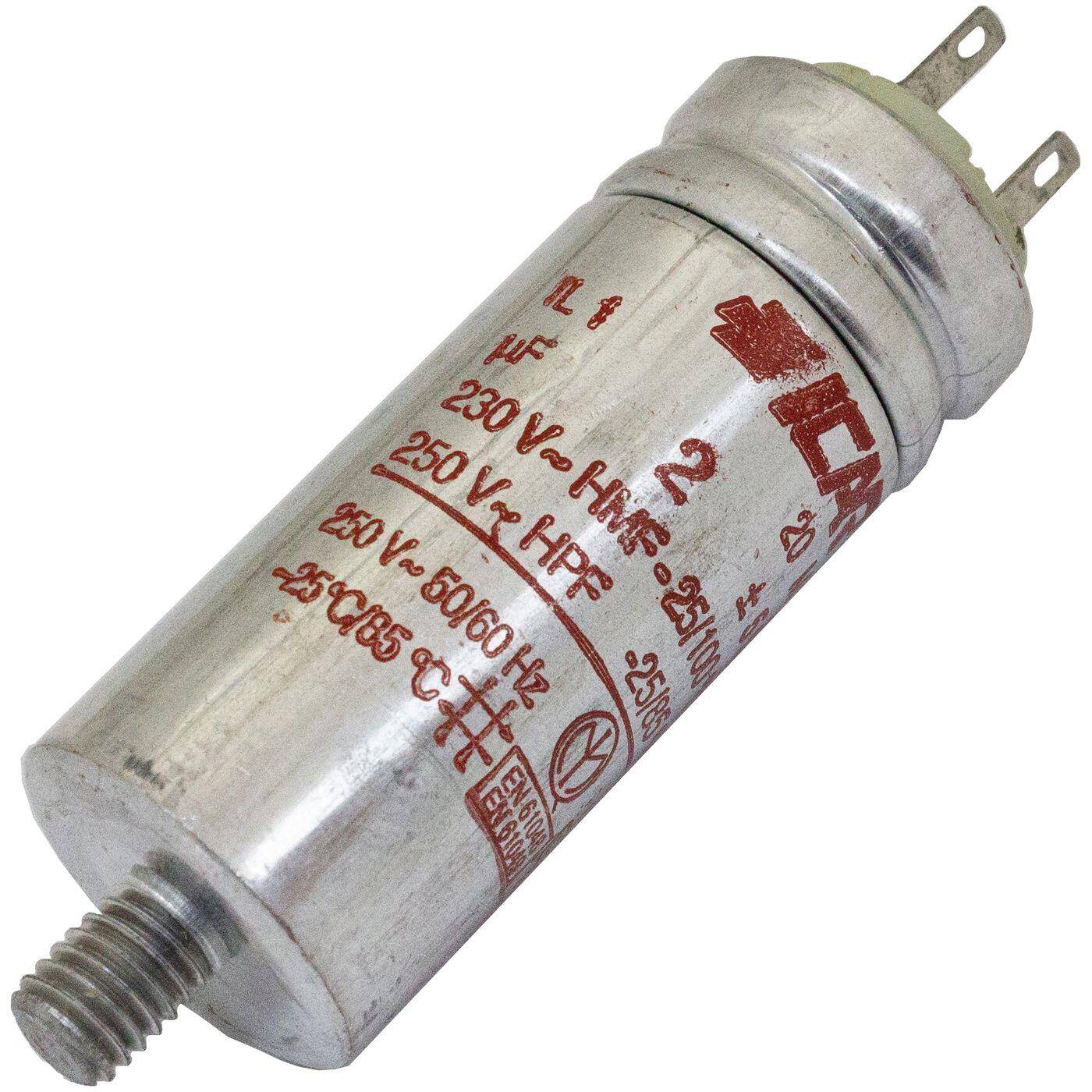 Anlaufkondensator Motorkondensator 2µF 250V 25x63mm Stecker 2,8x0,8mm ICAR 2uF