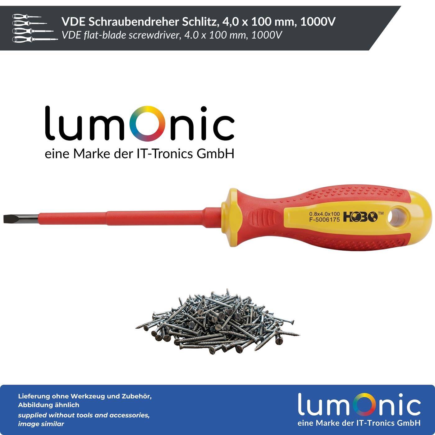 Lumonic VDE Flat-Blade Screwdriver, 4.0 x 100 mm, 1000 V — S2 steel, blued, magnetic tip, two-component handle, for terminals, switches, and control cabinets