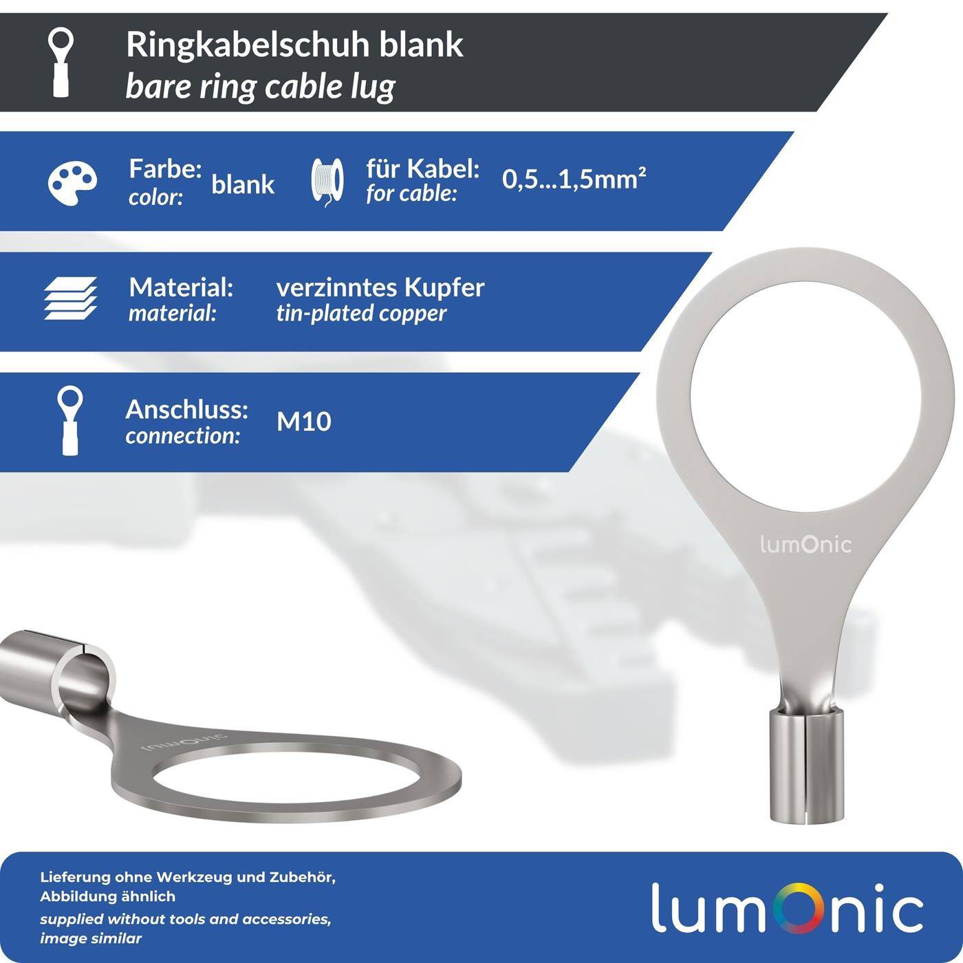 Lumonic 25x Ringkabelschuh 0,5-1,5mm² blank | M10 | Kupfer verzinnt | sichere Kabelverbindung ohne Löten | Crimp-Kabelschuh unisoliert | KFZ, Maschinenbau, Wohnmobil, Batterie