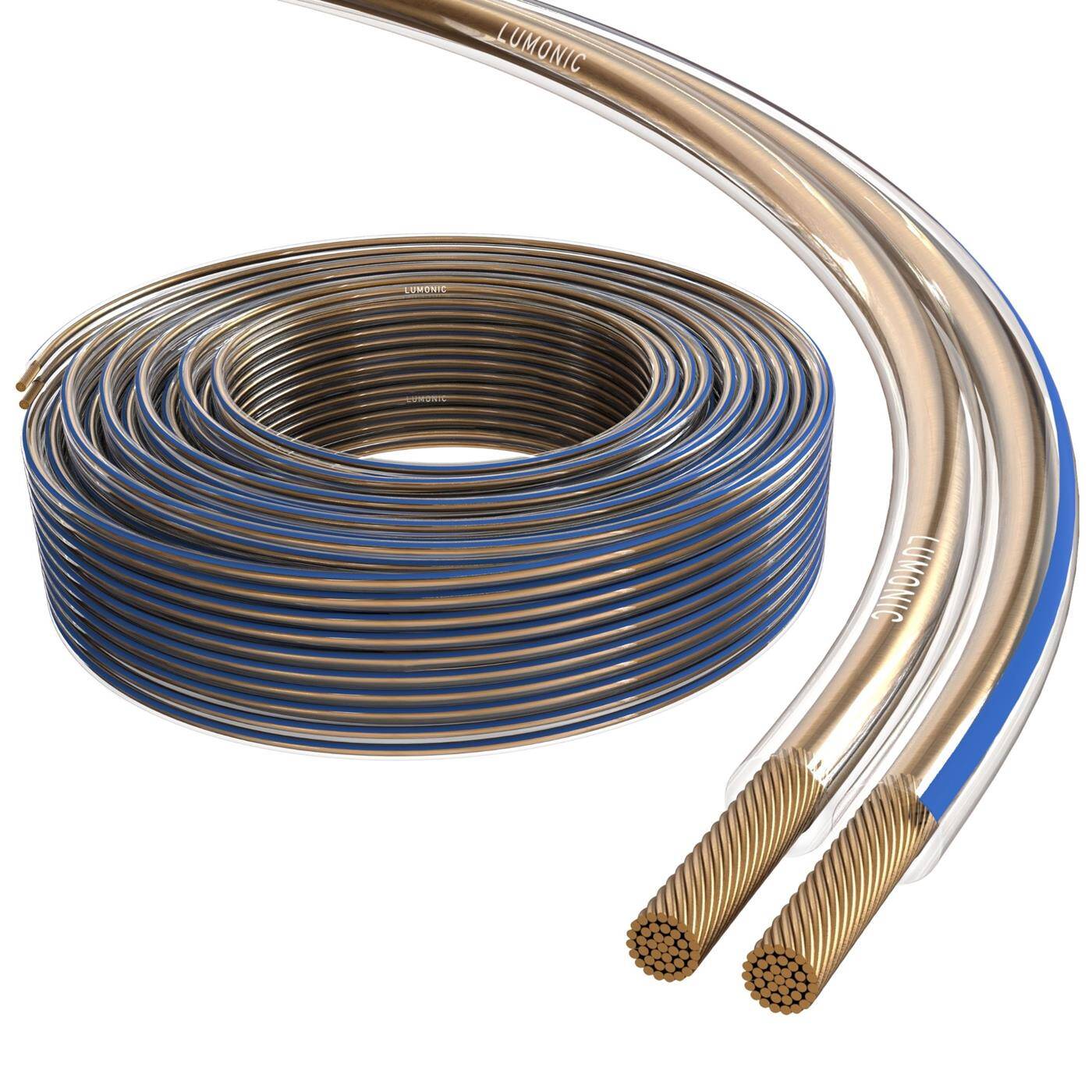 Lumonic Lautsprecherkabel | 50m Transparent | 2x 1,5mm² CCA | blaue Markierung HiFi Boxenkabel | Audio Zwillingsleitung