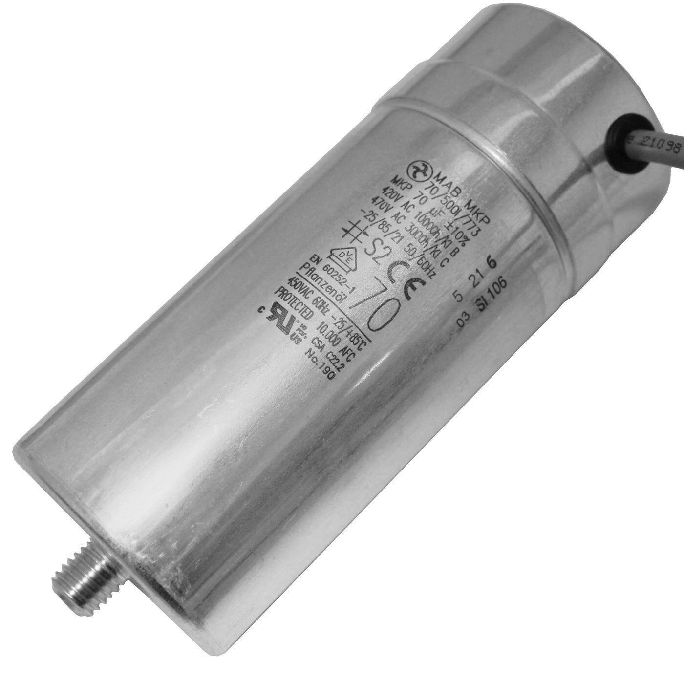 Lumonic Anlaufkondensator Hydra MKP-500 70-C inkl. Kabel 50cm | Motorkondensator 70µF 420V 60x145mm I Kondensator mit hochwertigem Metallgehäuse