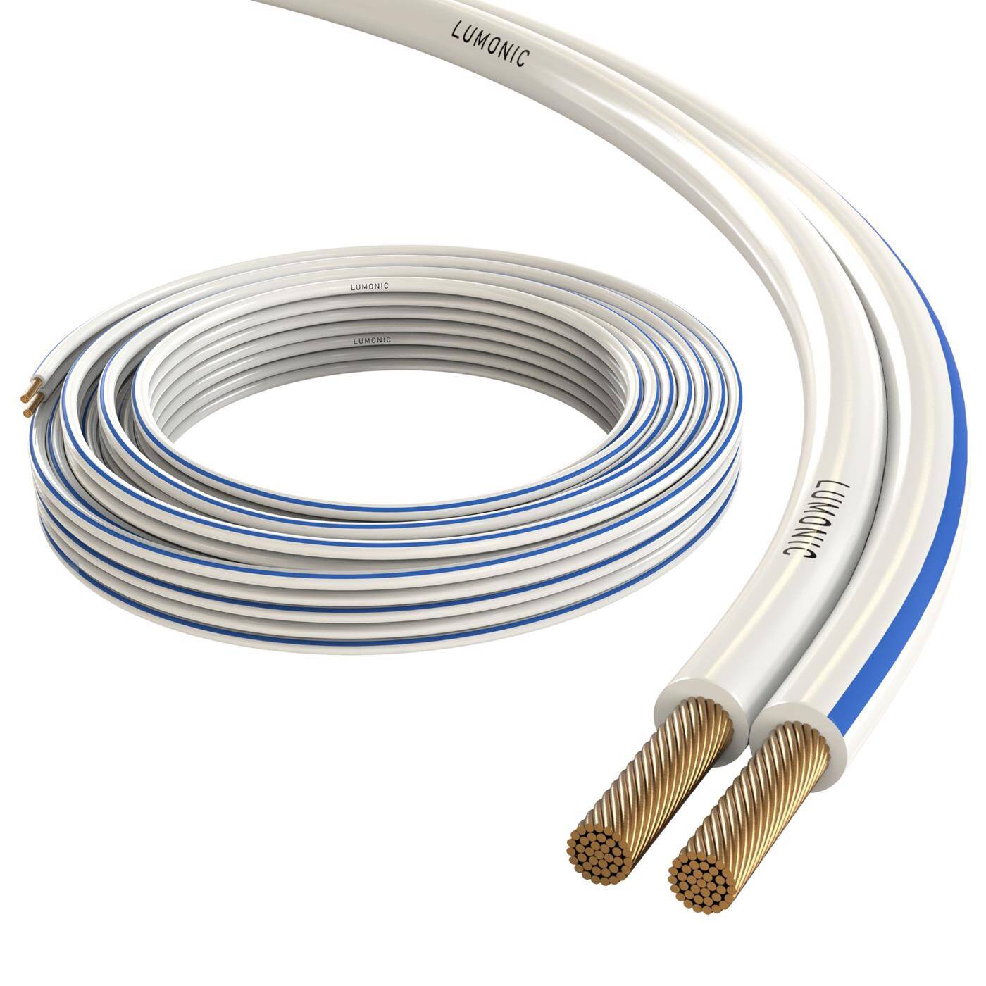 Lumonic Speaker cables | 25m White | 2x 0,5mm² CCA | Blue marking HiFi speaker cable | Audio twin line