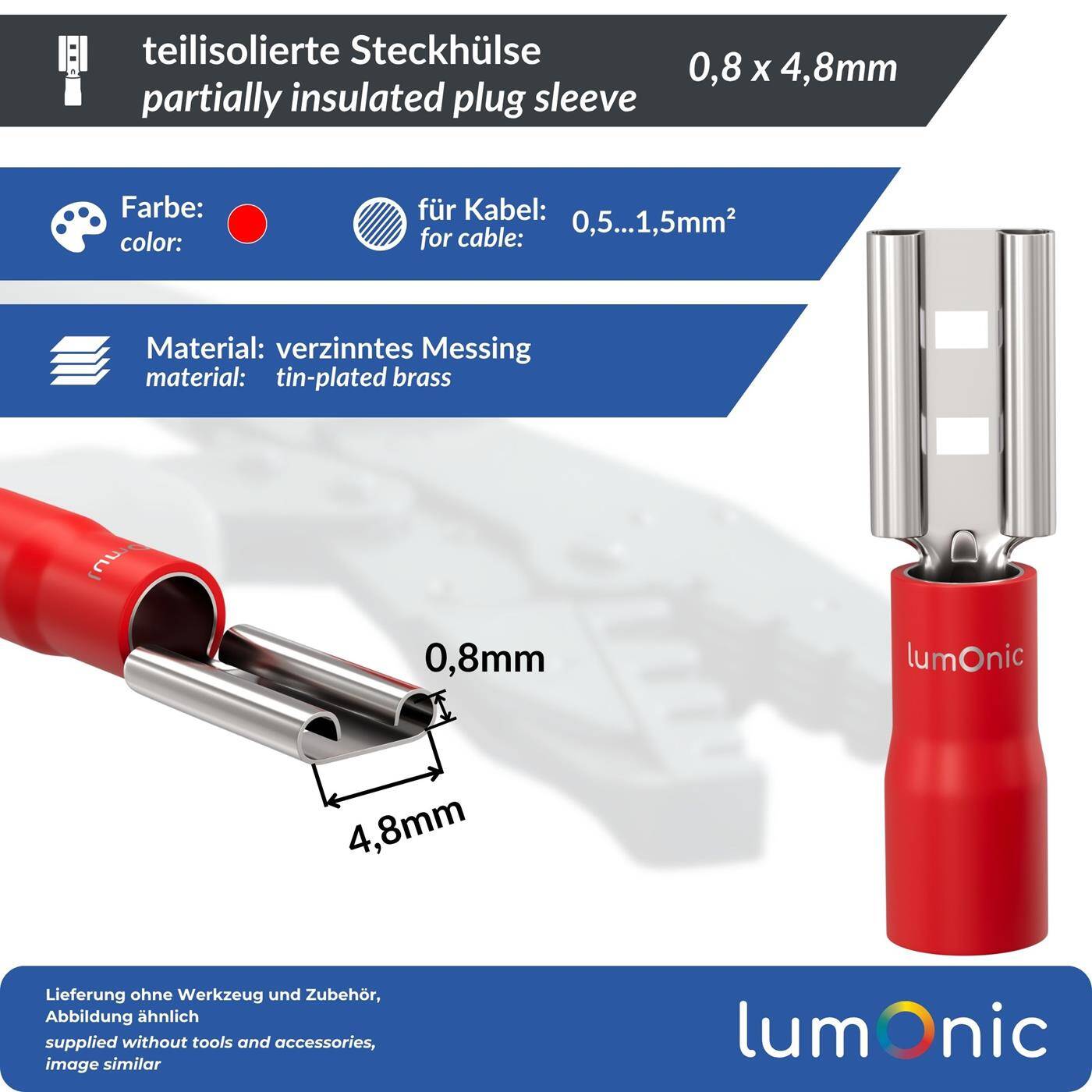 25x Flachsteckhülse teilisoliert 0,5-1,5mm² Steckmaß 0,8x4,8mm Rot für Flachstecker Messing verzinnt