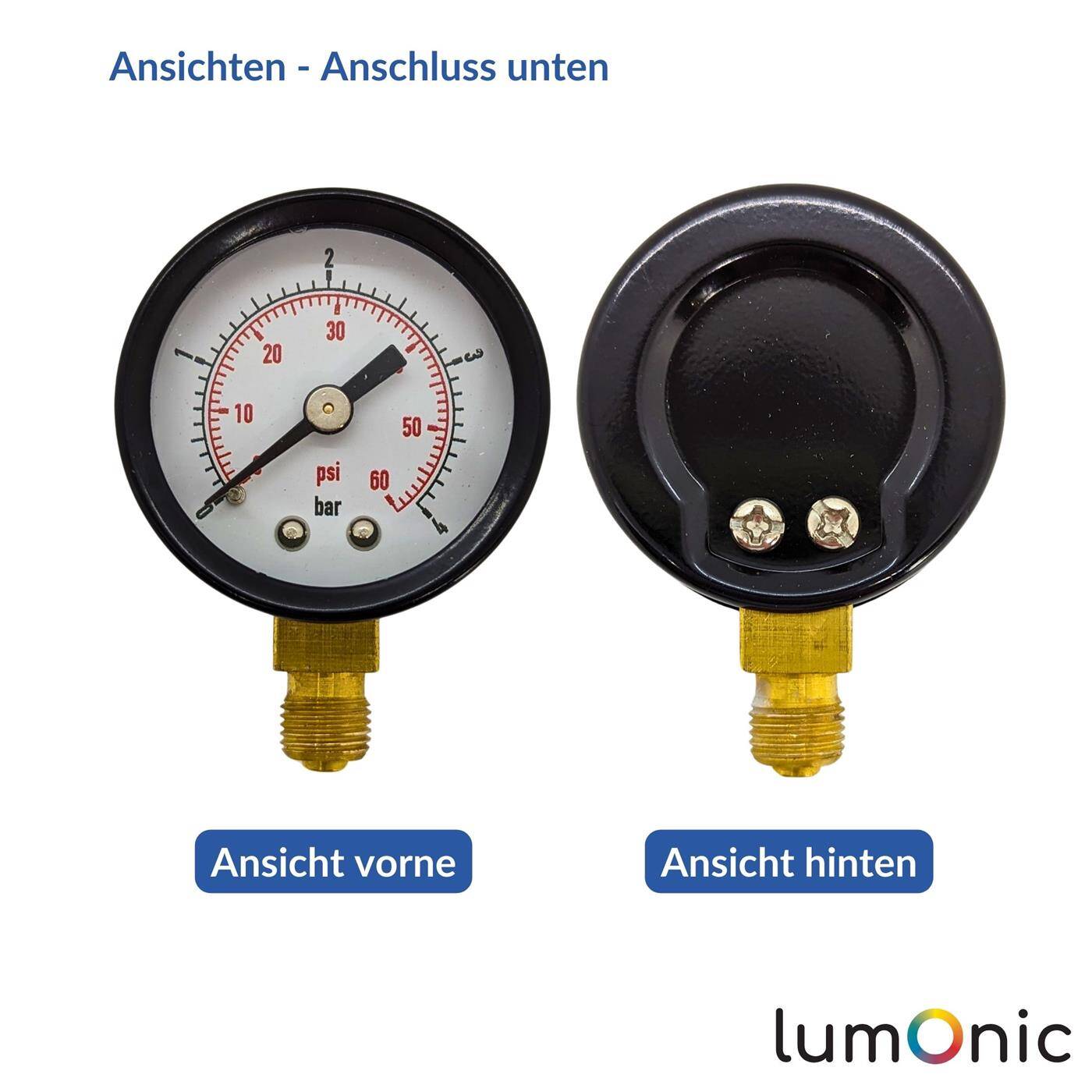 Lumonic I Manometer 0-10bar I 1/8 Zoll I Klasse 2,5 I Anschluss unten I Durchmesser 40mm I Druckmesser I für Druckluft und Wasser