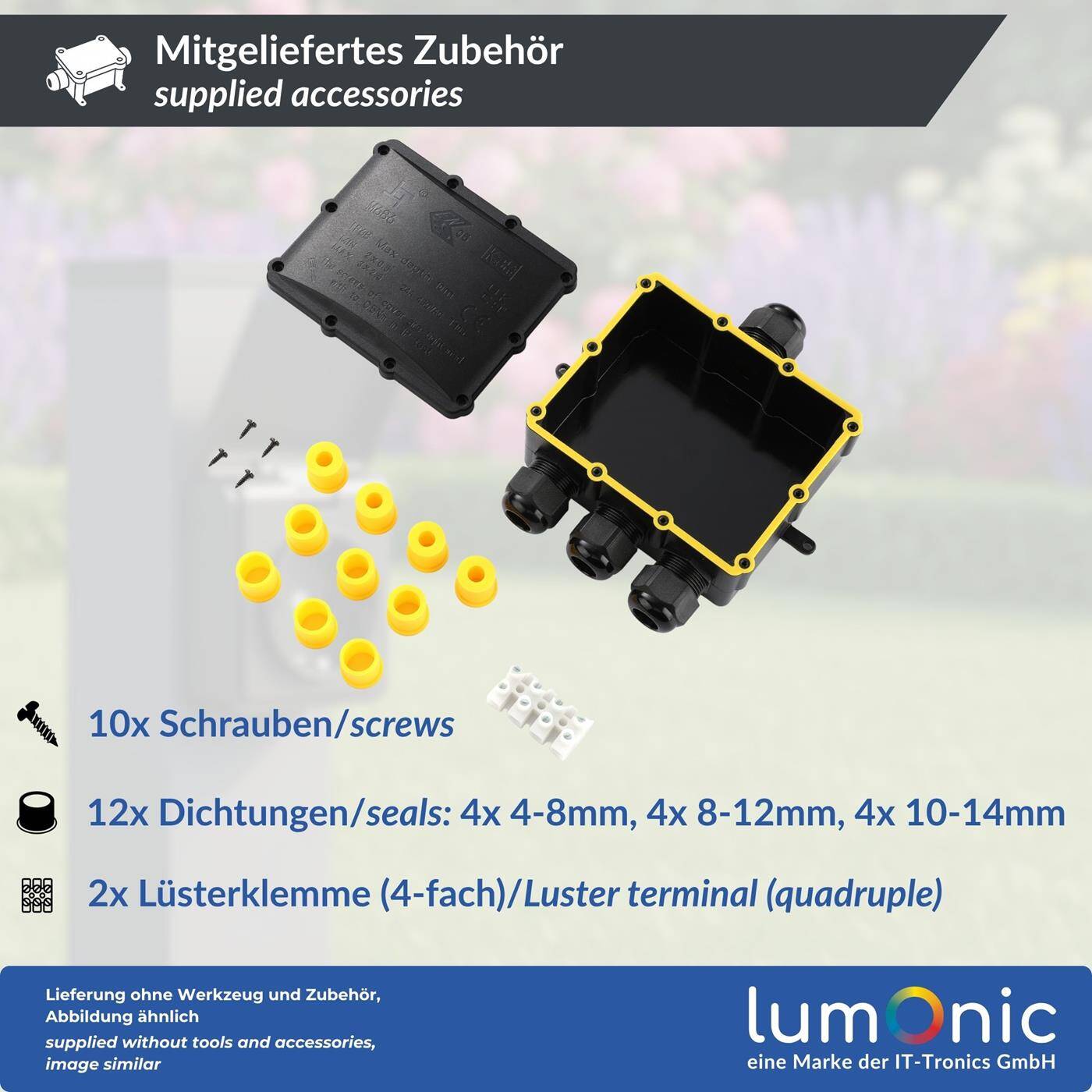 Lumonic 4-way junction box watertight IP68 | Fast, secure cable distribution | for cables 0.5-4mm² | UV-resistant, -40°C to+ 105°C | Junction box for outdoor, garden, underground cable