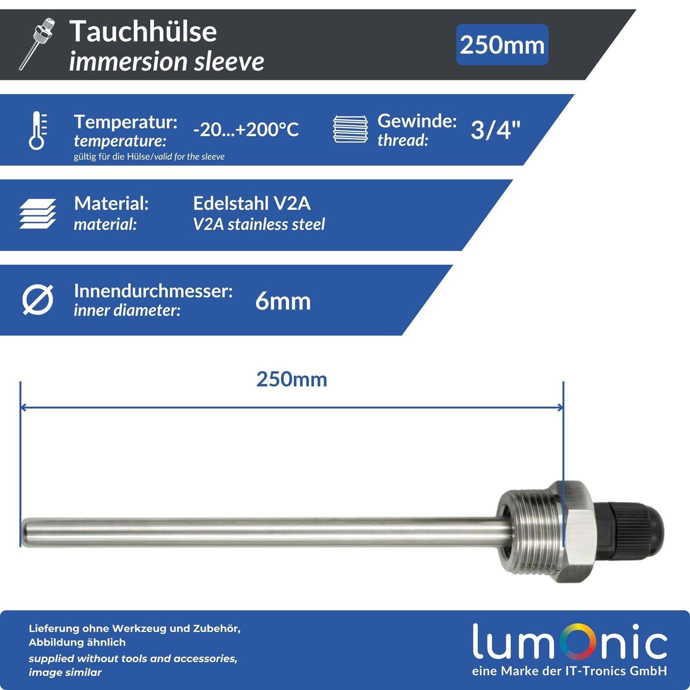 Lumonic Immersion sleeve V2A stainless steel 3/4 inch | 250mm Installation length | Perfect fit for 6mm temperature sensors | for buffer storage, heating, solar + smart home