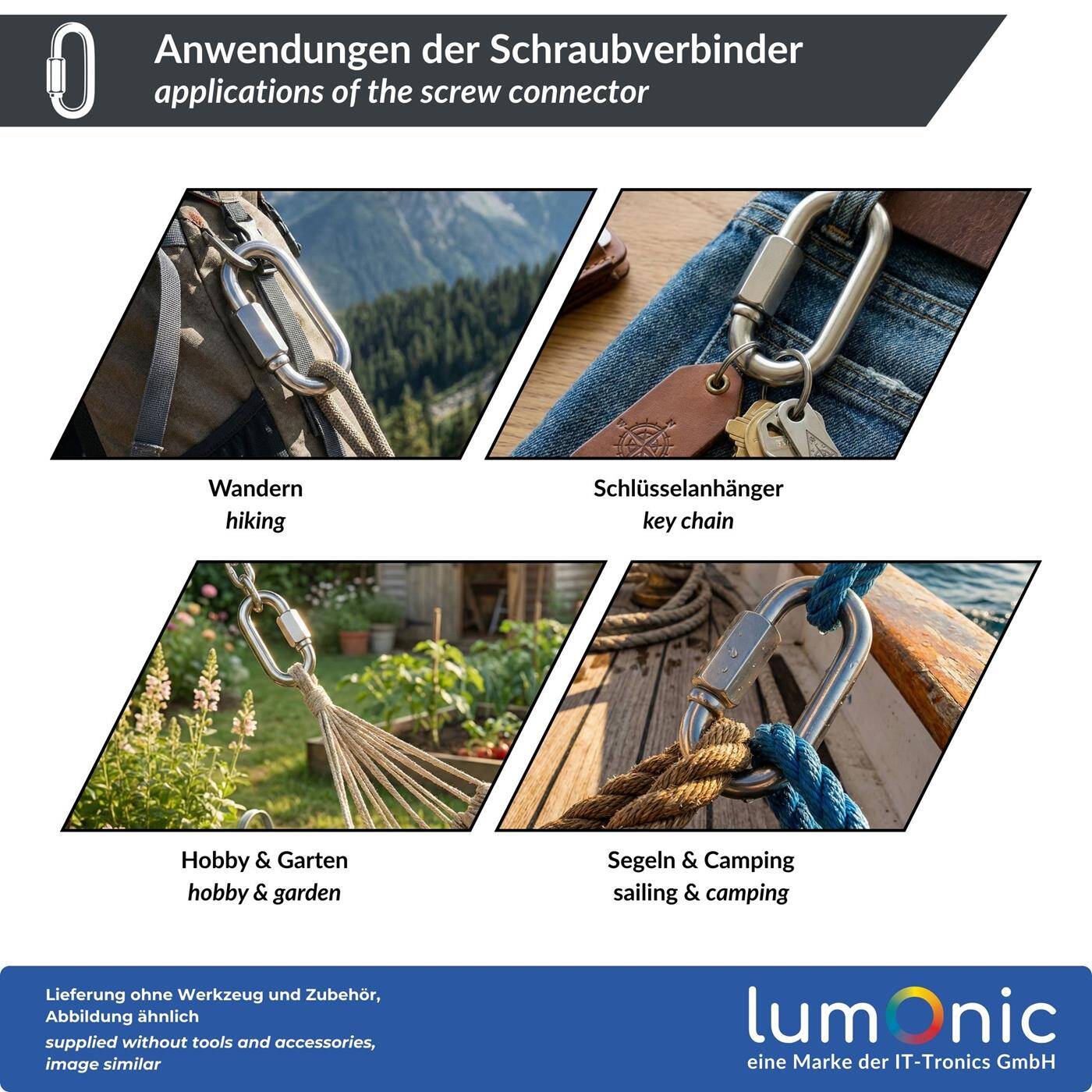 Lumonic Screw connector V4A stainless steel 5mm | d5x50mm | Stainless + seawater resistant | Hexagonal lock | Chain emergency link | Awning, garden