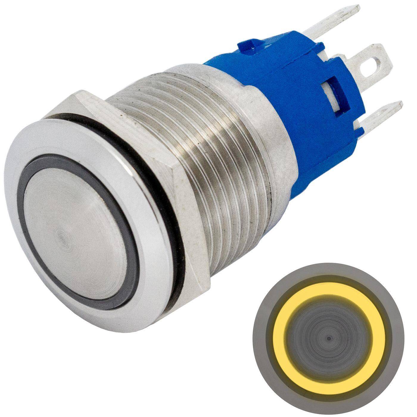 Lumonic Edelstahl Druckschalter gewölbt 19mm Durchmesser I Mit einer Ring LED in Gelb Maße: 2,8x0,5mm Pin s 250V 3A I Vandalismussicher nach dem IP65 Standard