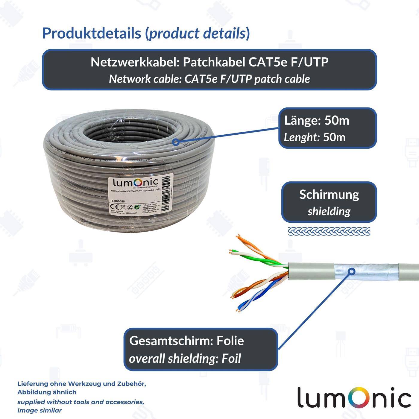 Lumonic 50m Network cable CAT 5e F/UTP I CAT5e-cable, Gigabit Lan Cable, Ethernet Cable I Flexible patch cable shielded, for indoor use up to 100 MHz