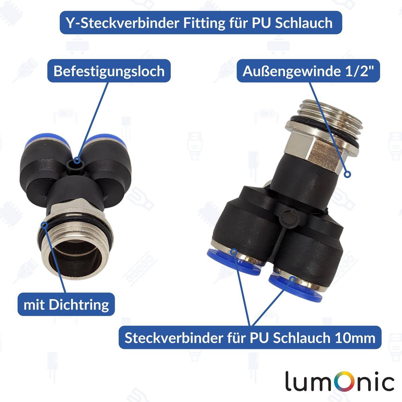 PU hose Y-connector fitting with external thread 10mm*1/2inch Y-piece Push-in Pneumatic plug connector Y-distributor Compressed air PU hose Y-connector fitting with external thread 10mm*1/2inch Y-piece Push-in Pneumatic plug connector Y-distributor Compressed air